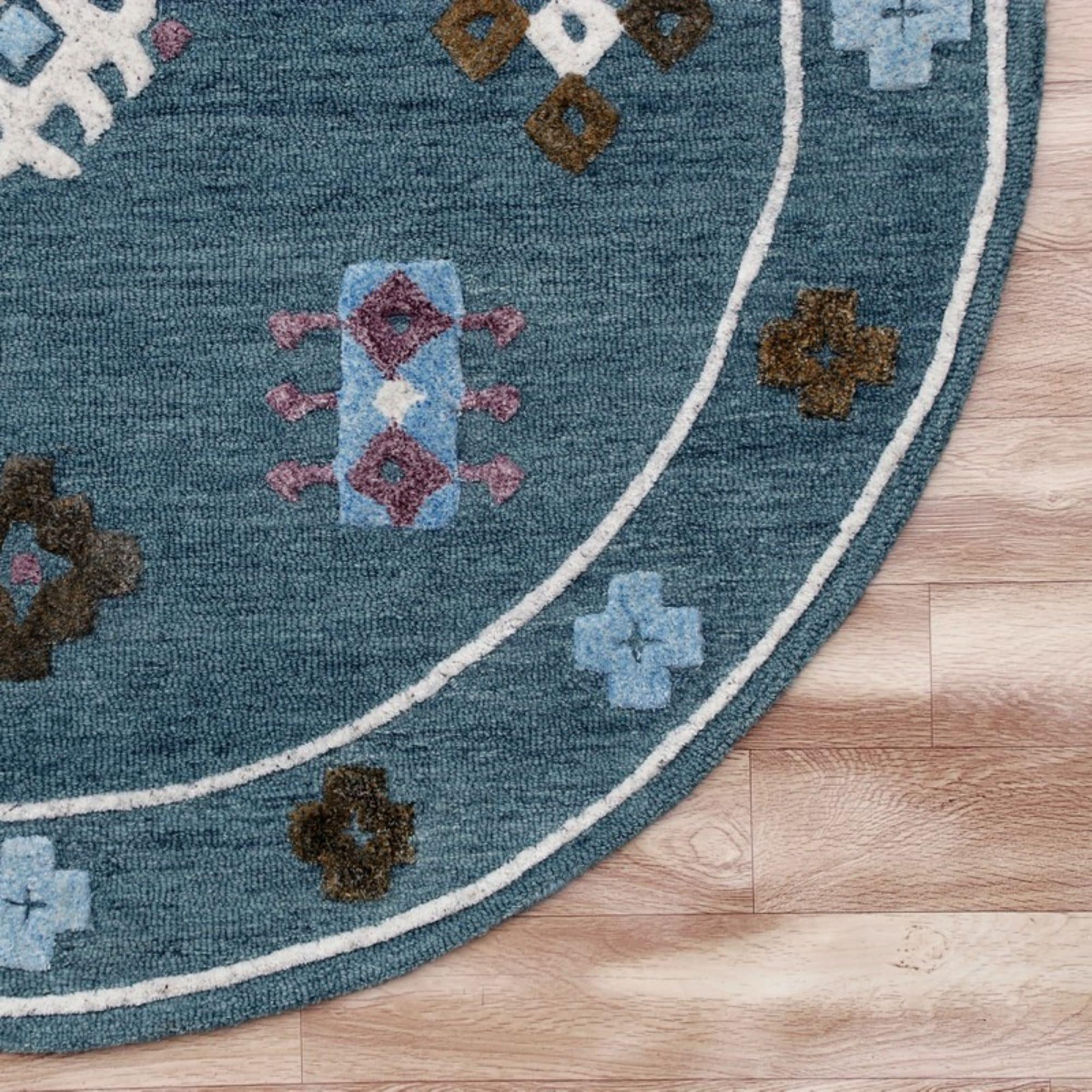 Handmade Geometric Blue Wool Round Area Rug, 5' Diameter