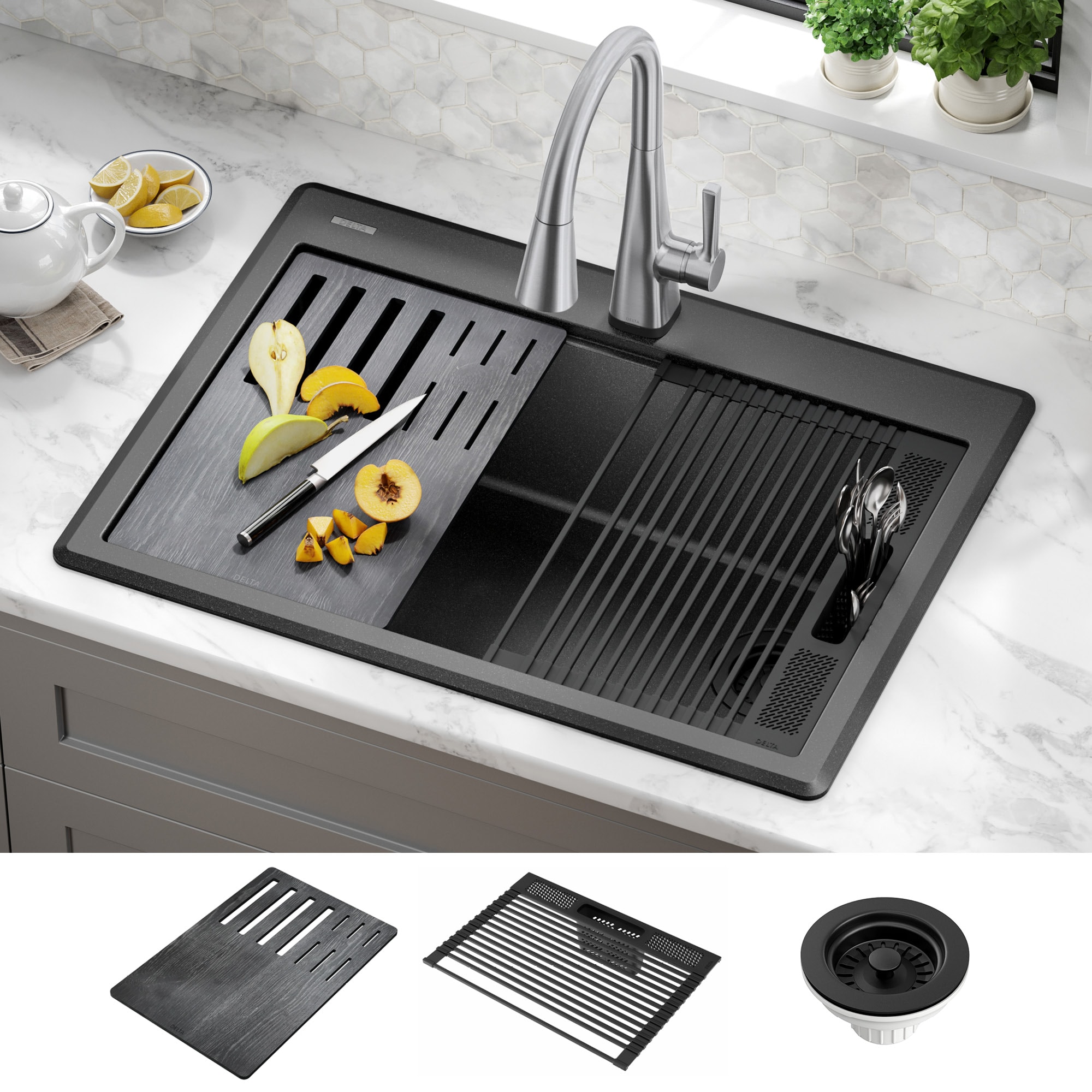 Delta 75A933-30S-BL Everest Drop-in 30-Inches x 22-Inches Granite Single bowl 1-Hole Workstation Kitchen Sink with Drainboard
