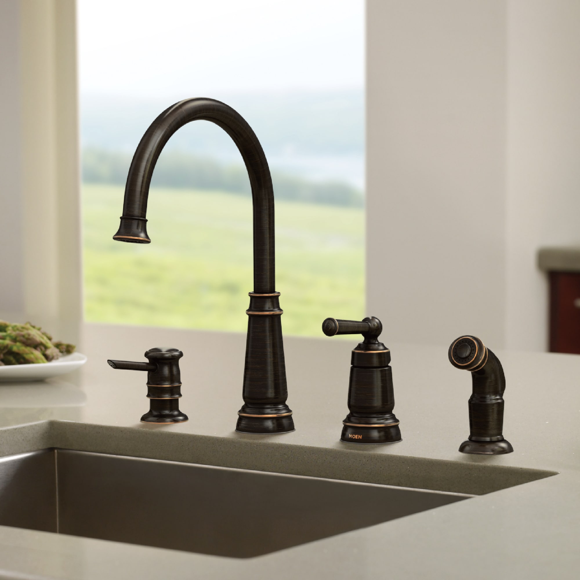 Moen 87042BRB Edison Mediterranean Bronze Single Handle Deck-mount Kitchen Faucet (Soap Dispenser Included) ( Side Sprayer Included )
