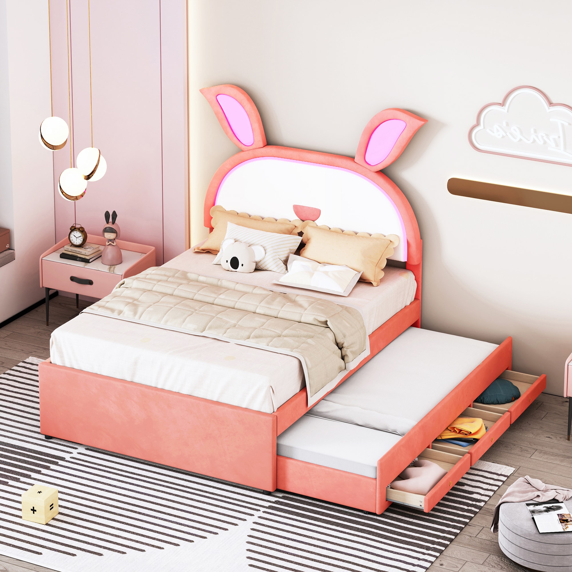 ModernLuxe L3P-SF000114AAH Full Size Upholstered Platform Bed with Trundle and 3 Drawers RabbitShaped Headboard with Embedded LED Lights Pink