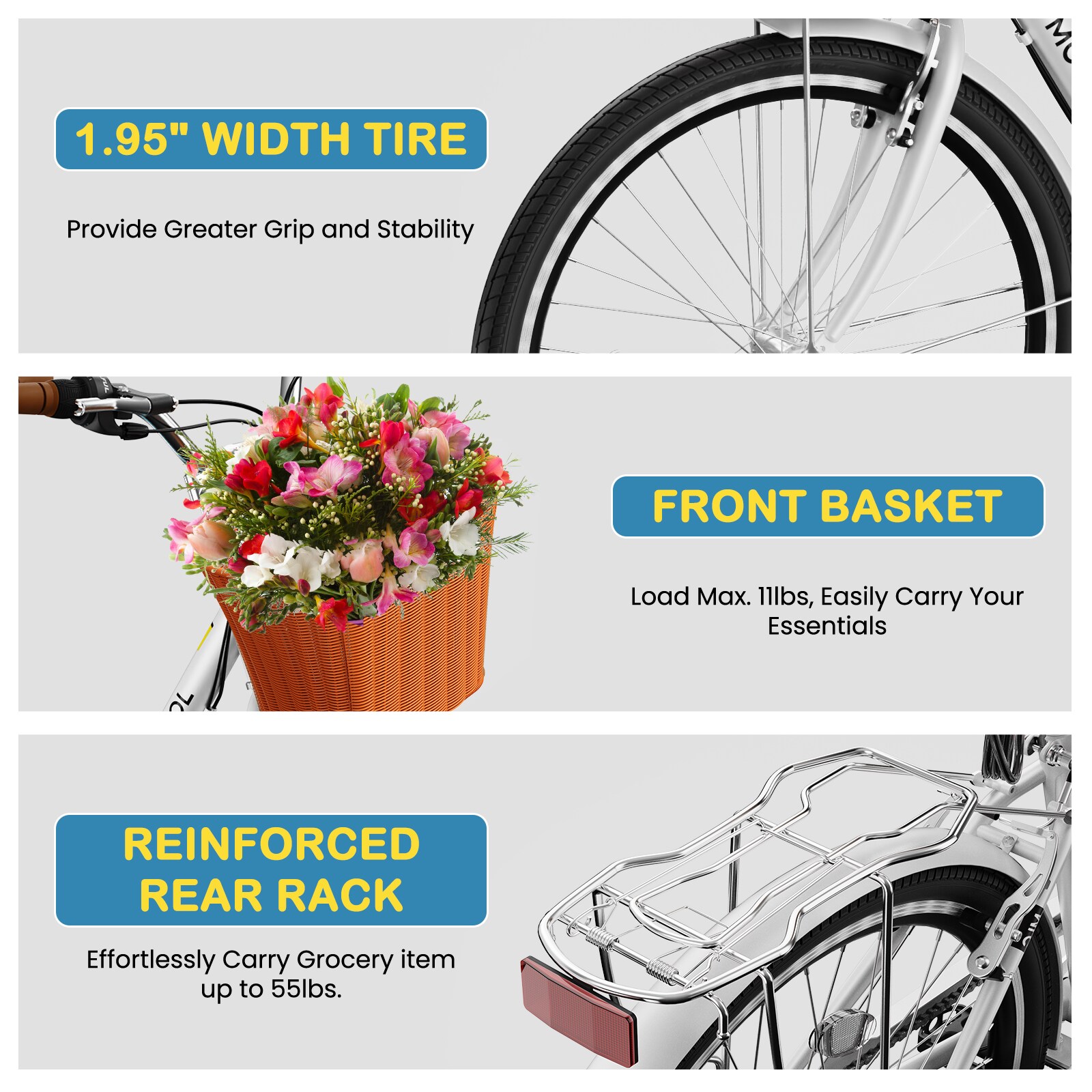 MOONCOOL 24 inch 7 Speed Beach Cruiser Bikes with Front Basket