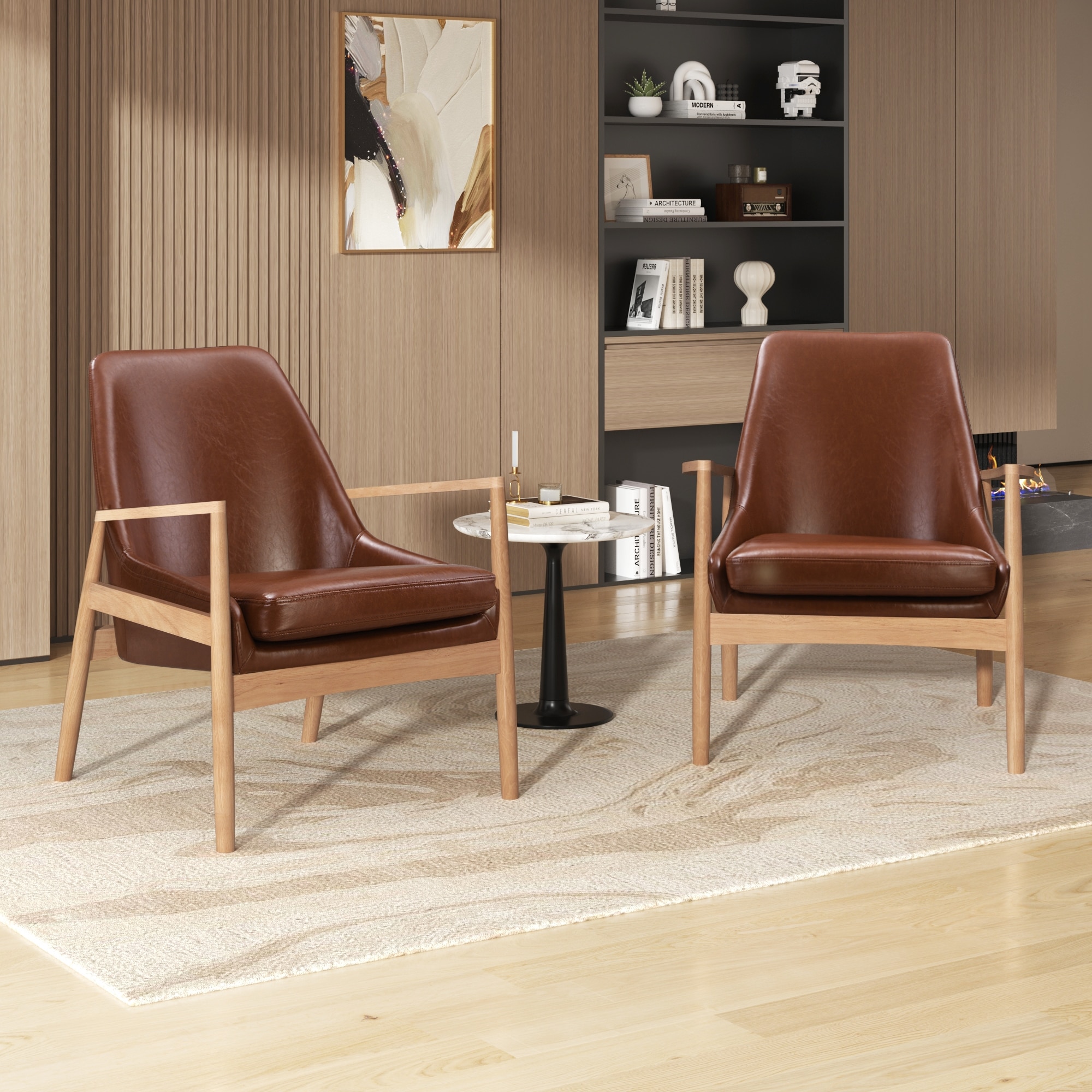 ModernLuxe L3P-SJ000145AAD PU Leather Accent Chair Set of 2 MidCentury Modern Armchair with Solid Wood Frame Reading Leisure Chair with High Back for Living Room