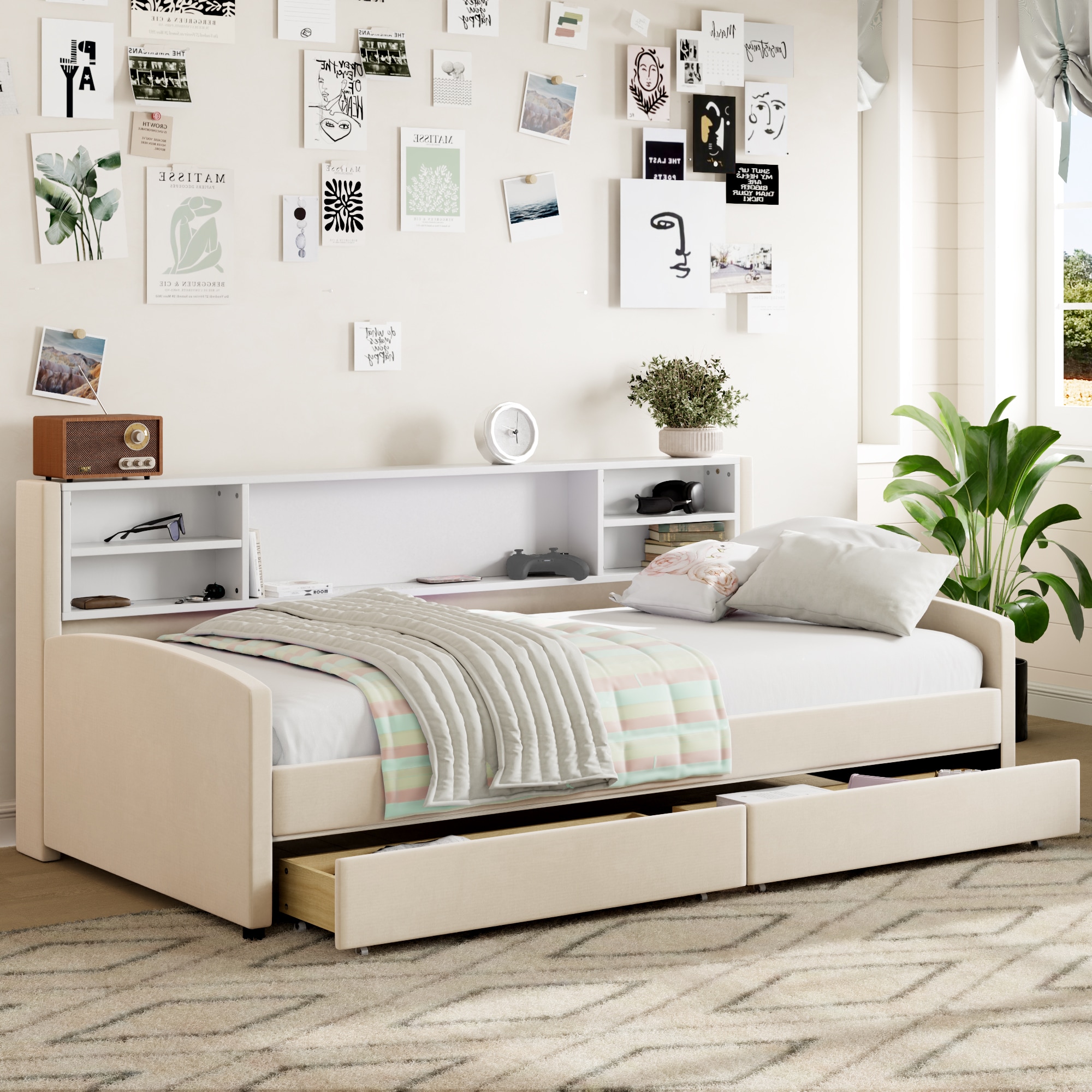 ModernLuxe L3P-SF000183AAA Twin size Upholstered Platform Bed with Storage and Drawers Beige