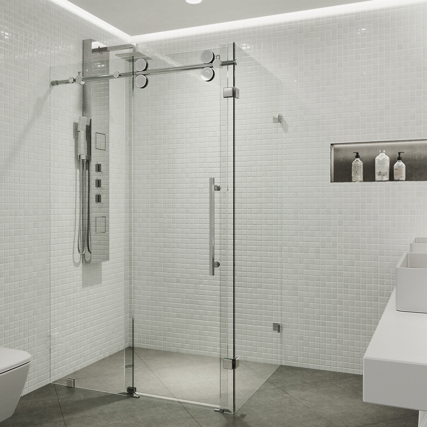 VIGO VG6051CHCL60 Winslow Chrome 34-in W x 74-in H Frameless Corner Sliding Shower Door 3/8-in Thick Clear Glass