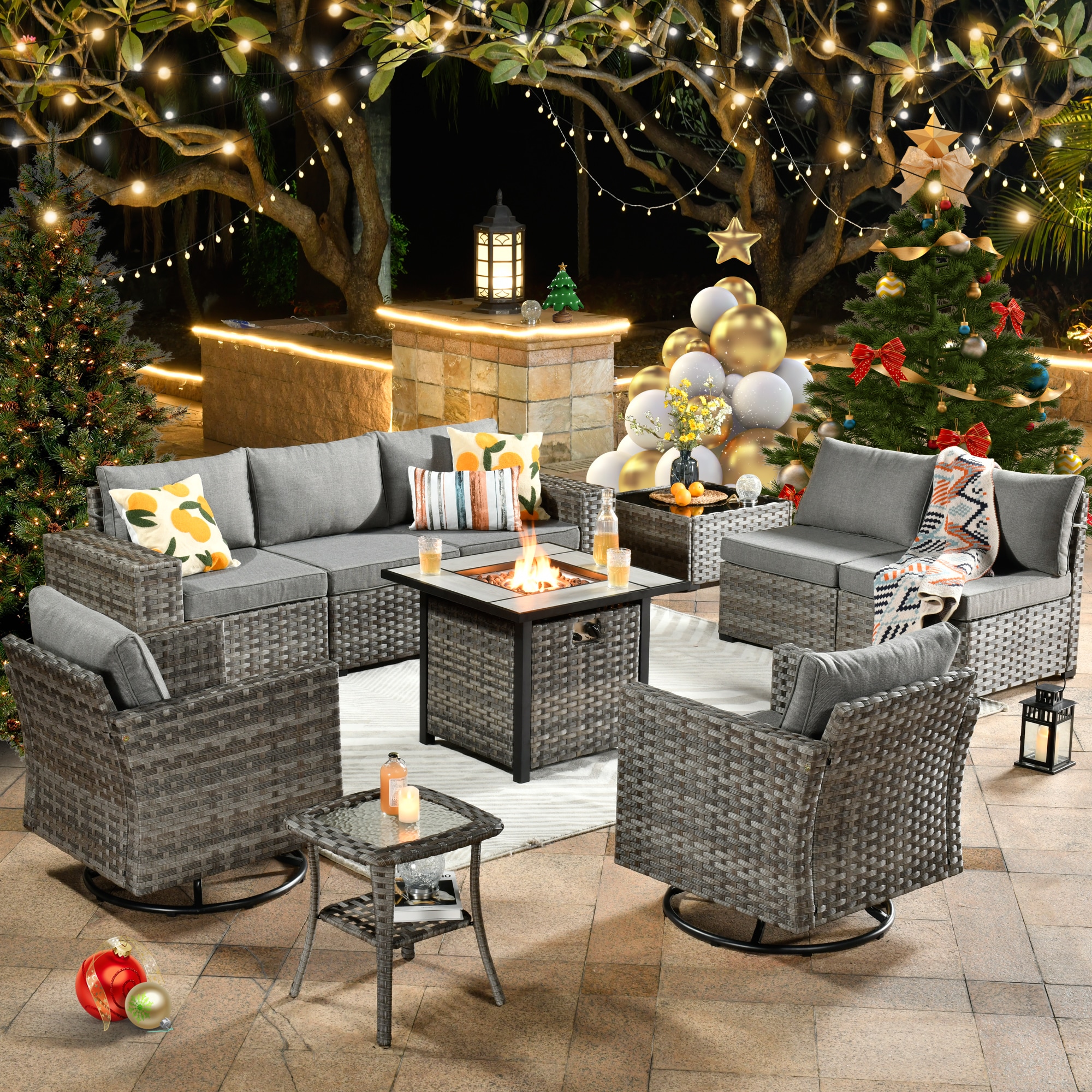 Pouuin 10 Piece Rattan Patio Conversation Set with Gray Cushions