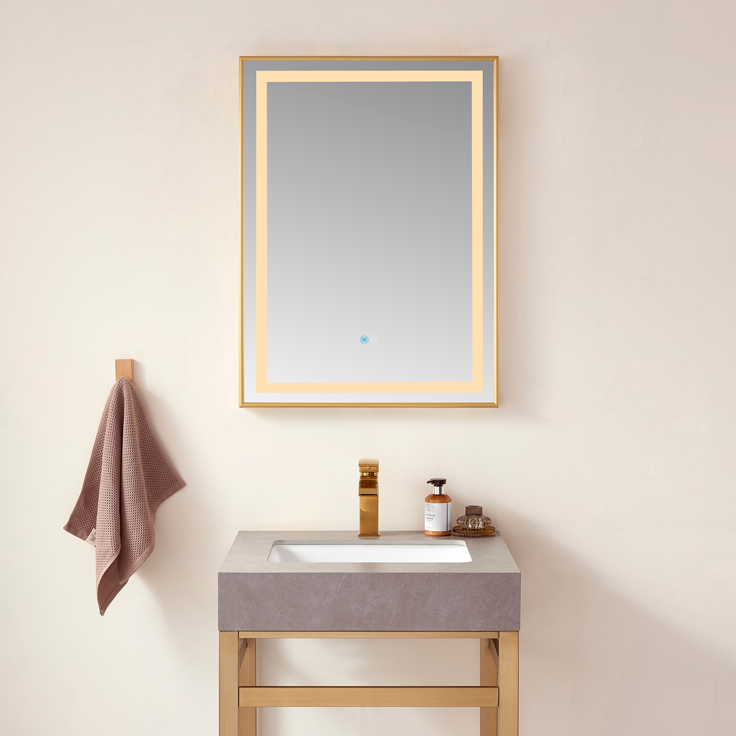 Vinnova 802524-LED-BG 24-in x 36-in Framed Rectangle Dimmable LED Lighted Fog Free Bathroom Vanity Mirror ( Gold )