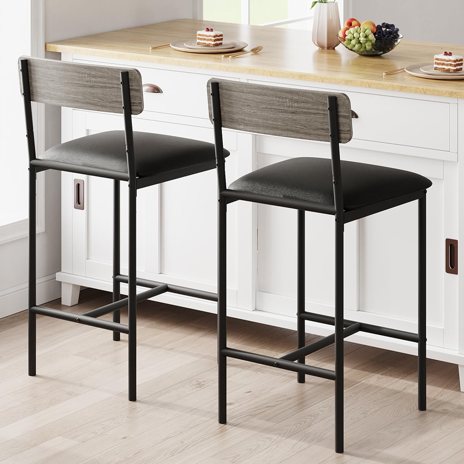 Qeetex LHF-YZ-PHO-0YDDYLDZ Bar Stools Set of 2 - Kitchen Bar Stools with Footrest - PU Upholstered Counter Height Barstools - Bar Chairs with Back for Kitchen Island/Apartment/Counter Bar - Easy Assembly - Gray