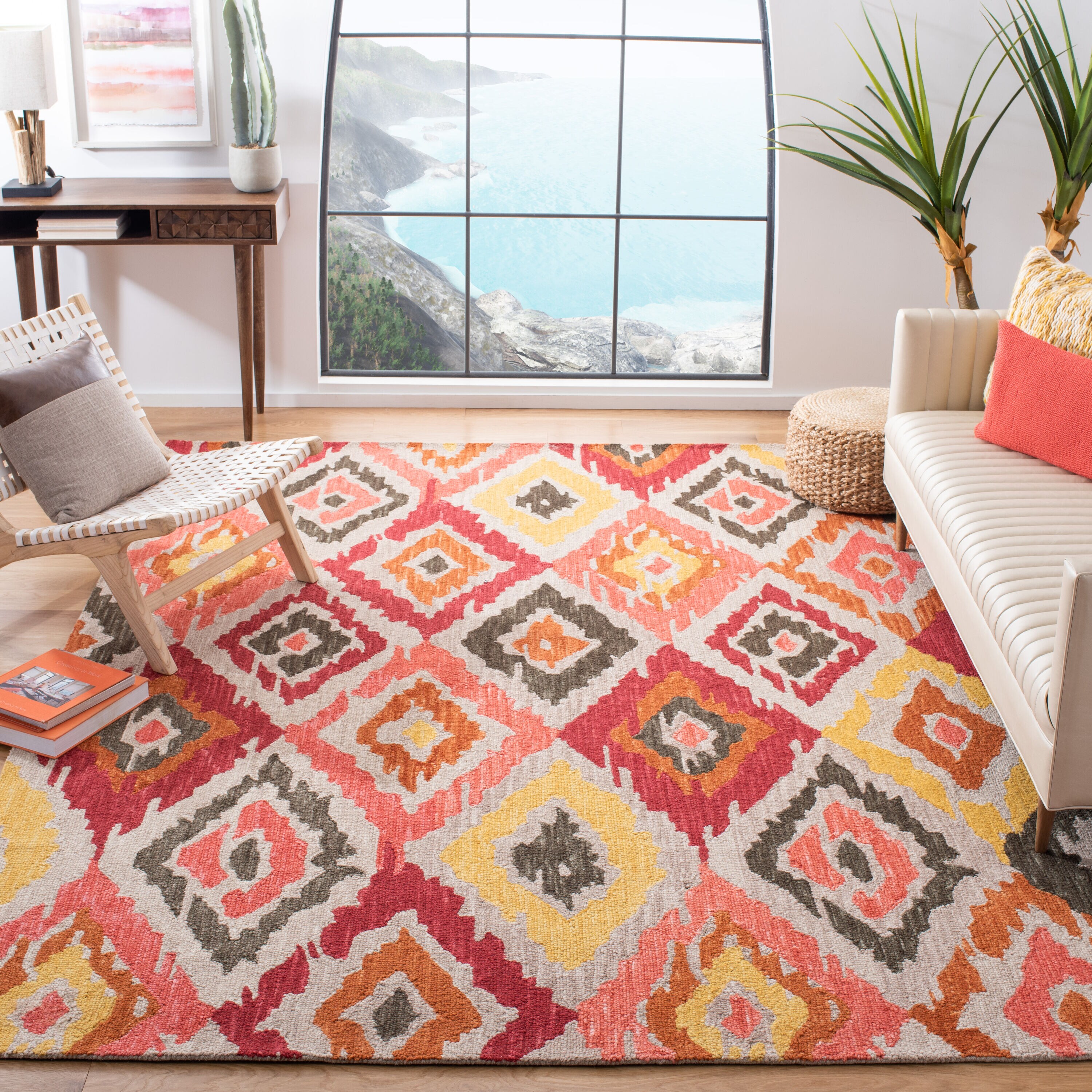  Ikat 337 Beige/Pink Bohemian 6ft x 9ft Medium Rectangle Rug