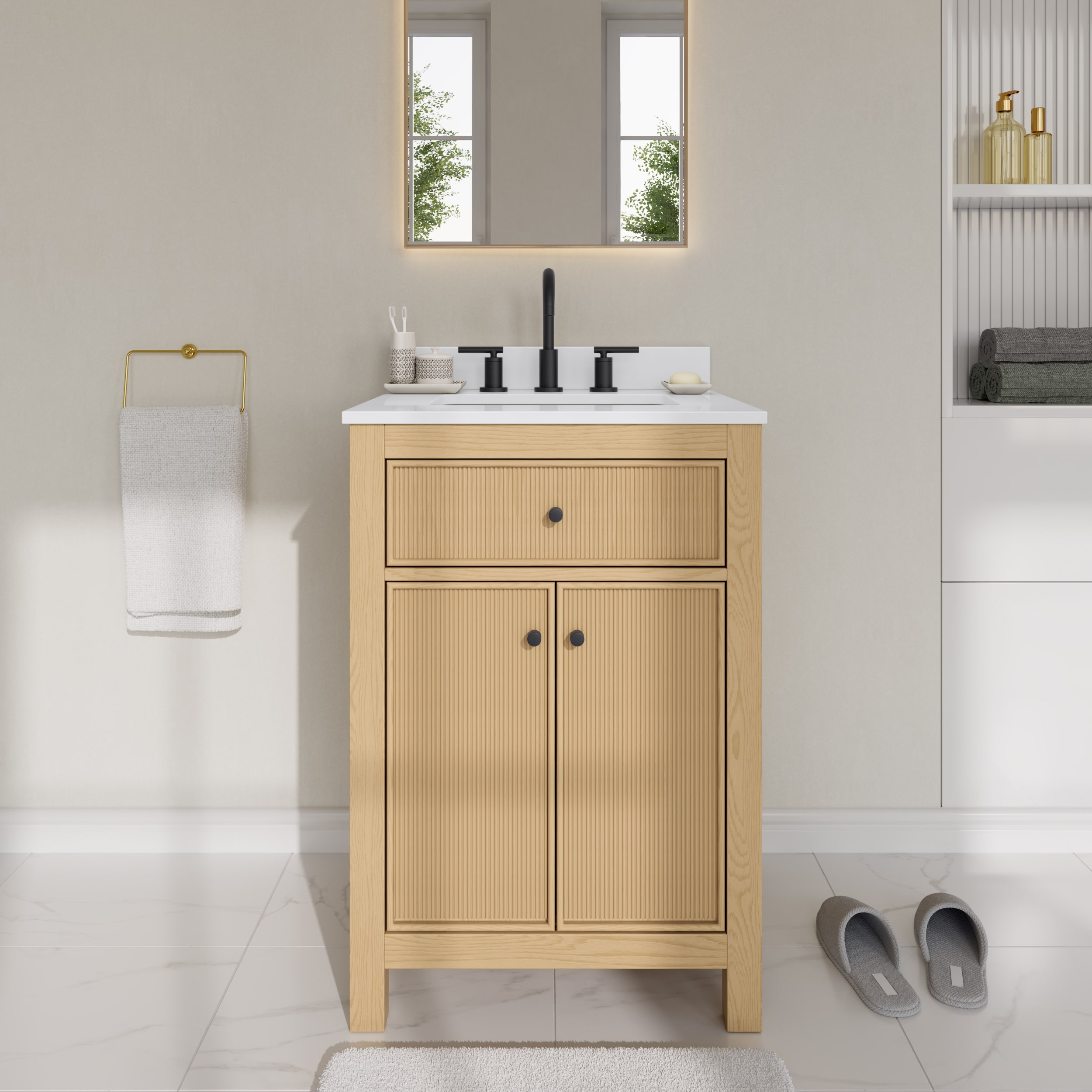 Wyndham Collection WCF929224STBWQUS3MXX Pendry 24-in Tanned Oak with Matte Black Trim Undermount Single Sink Bathroom Vanity with White Quartz Quartz Top