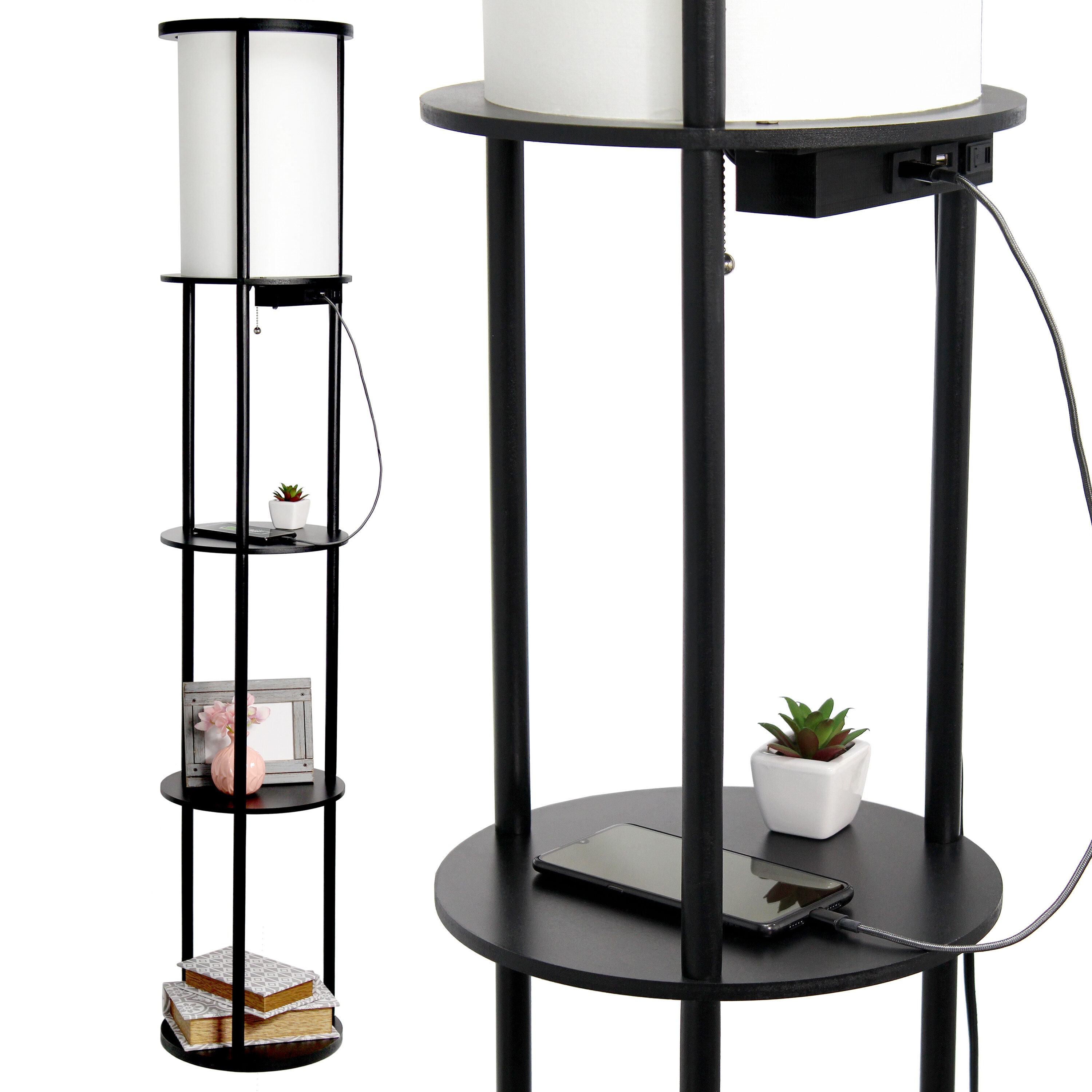 Simple Designs LF2010-BLK 62.5-in Black Shelf Floor Lamp with Linen Shade