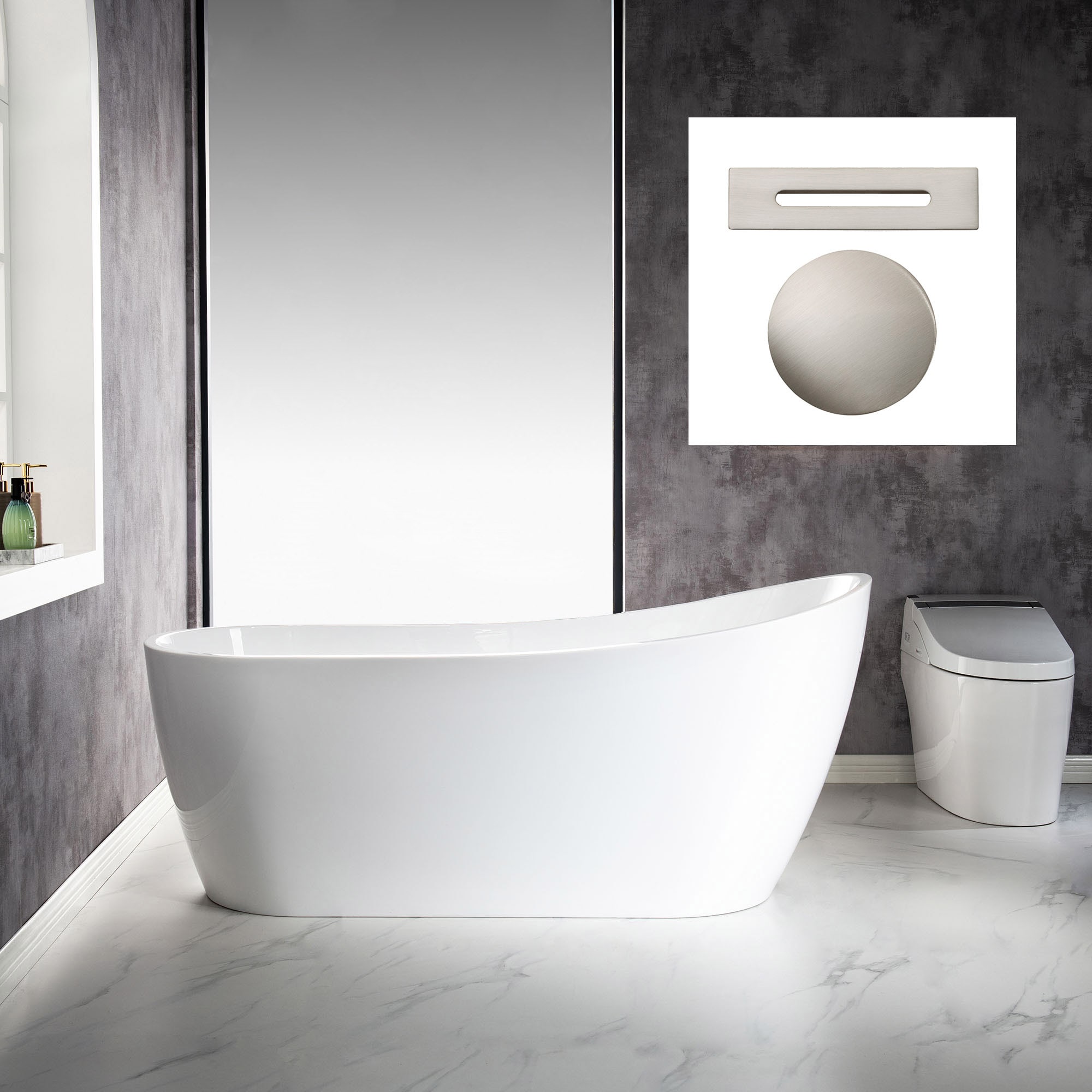 Woodbridge LB169 Gap 28.25-in x 67-in White with Brushed Nickel Trim Acrylic Oval Freestanding Soaking bathtub with Drain ( Reversible Drain )