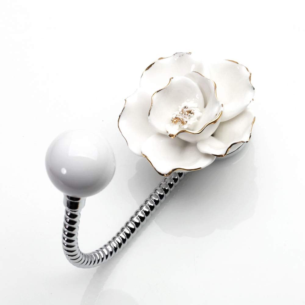 Aoibox  3D Flower Ceramic Wall Coat Hook Camellia White Gold Edge Decorative Robe Hook for Towels Hats Bags Kitchen Bathroom Office 1 Piece