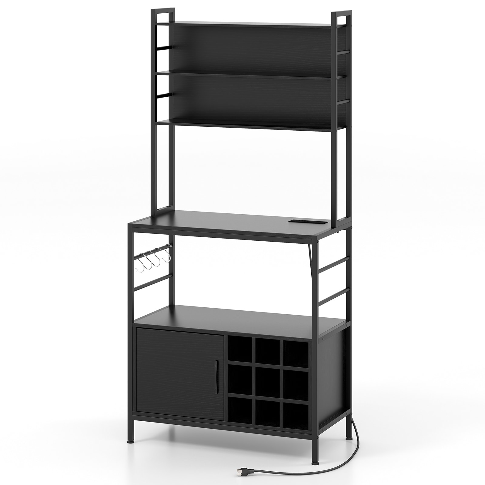 Slickblue 6-Bottle Rustic Brown/Black Engineered Wood/Metal Kitchen Bakers Rack With Power Outlet Hooks Wine Storage for Kitchen or Dining Room