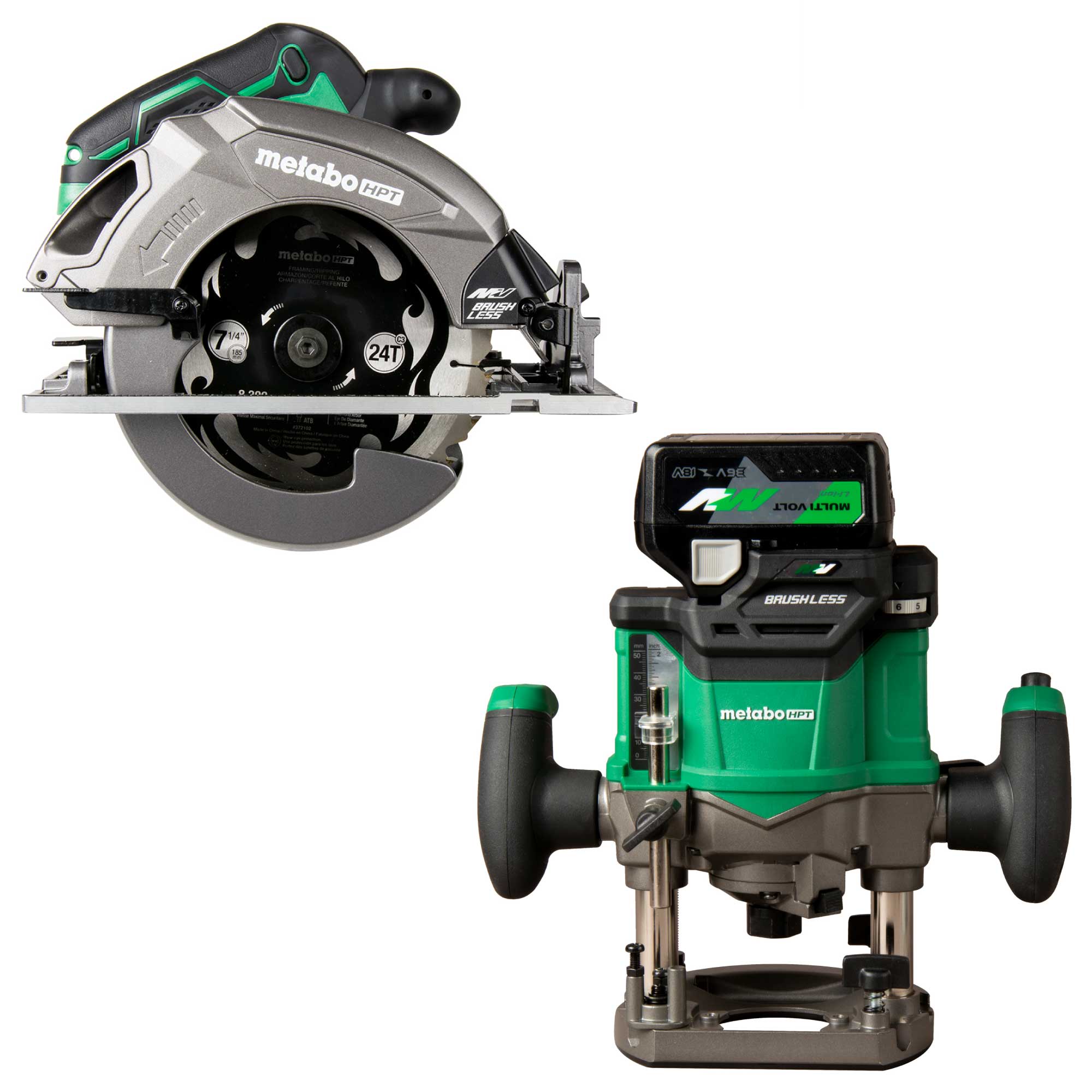 Metabo HPT MultiVolt 36-Volt 7-1/4-in Brushless Circular Saw with MultiVolt 1/4-in and 1/2-in 2-HP Variable Speed Brushless Plunge Cordless Router