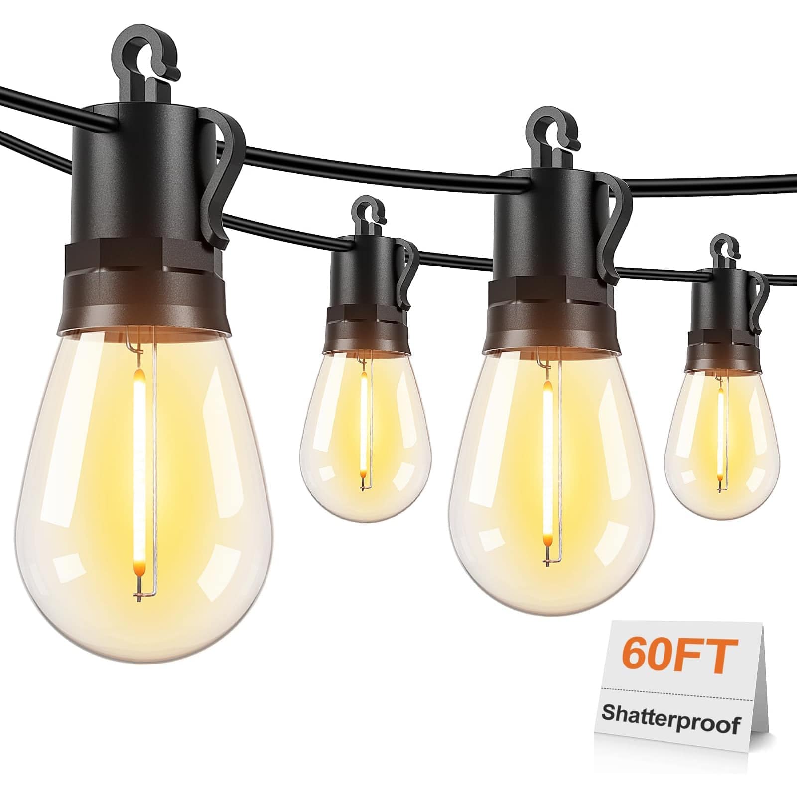 Etokfoks  60FT LED Outdoor String Lights 17 Piece Shatterproof S14 Edison Bulbs Plug In Waterproof Patio Lights Dimmable 2700K for Backyard Garden