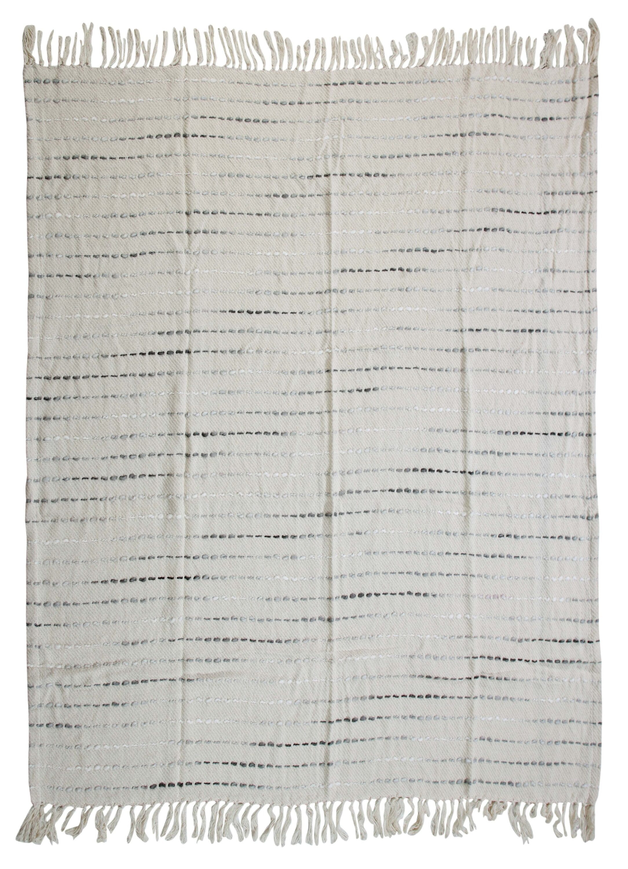 Gray and Cream Hand-Woven Cotton Blend Throw Blanket with Fringe