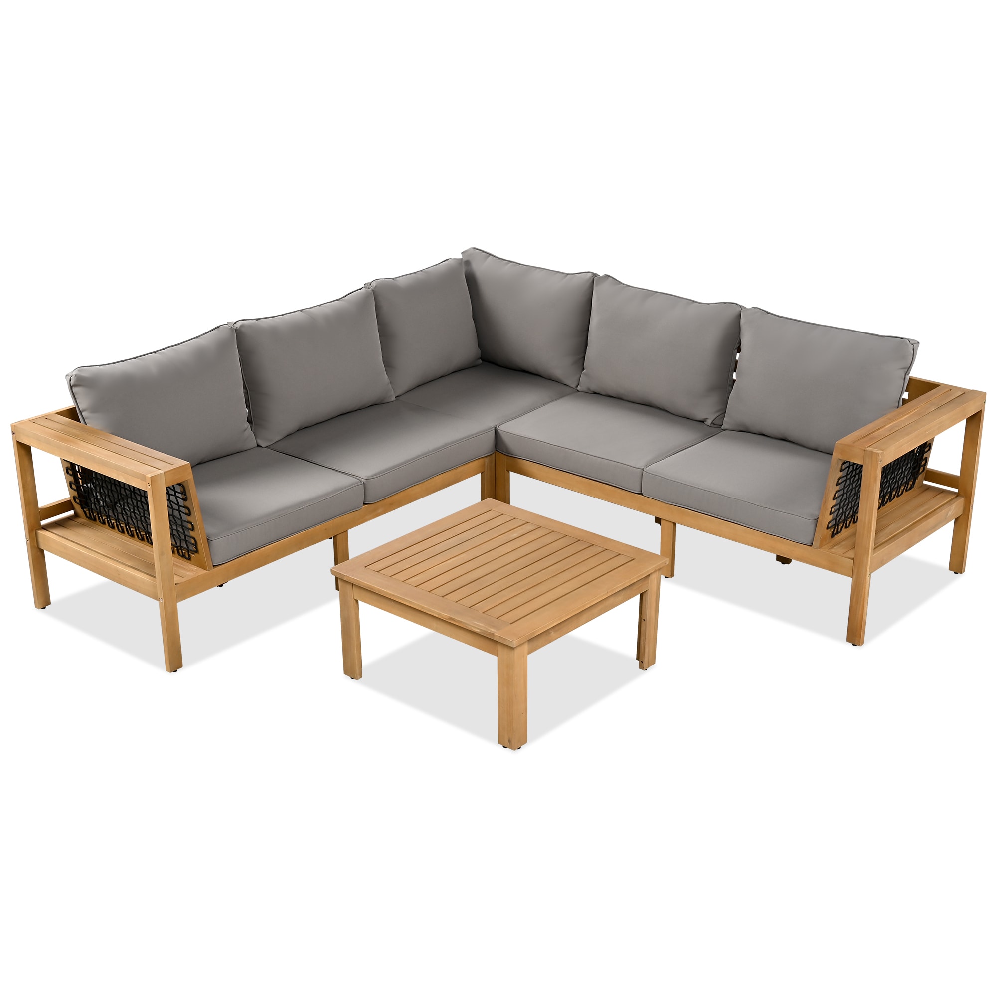 SINOFURN SYA330101GY Outdoor Sectional with Gray Cushions and Acacia Frame