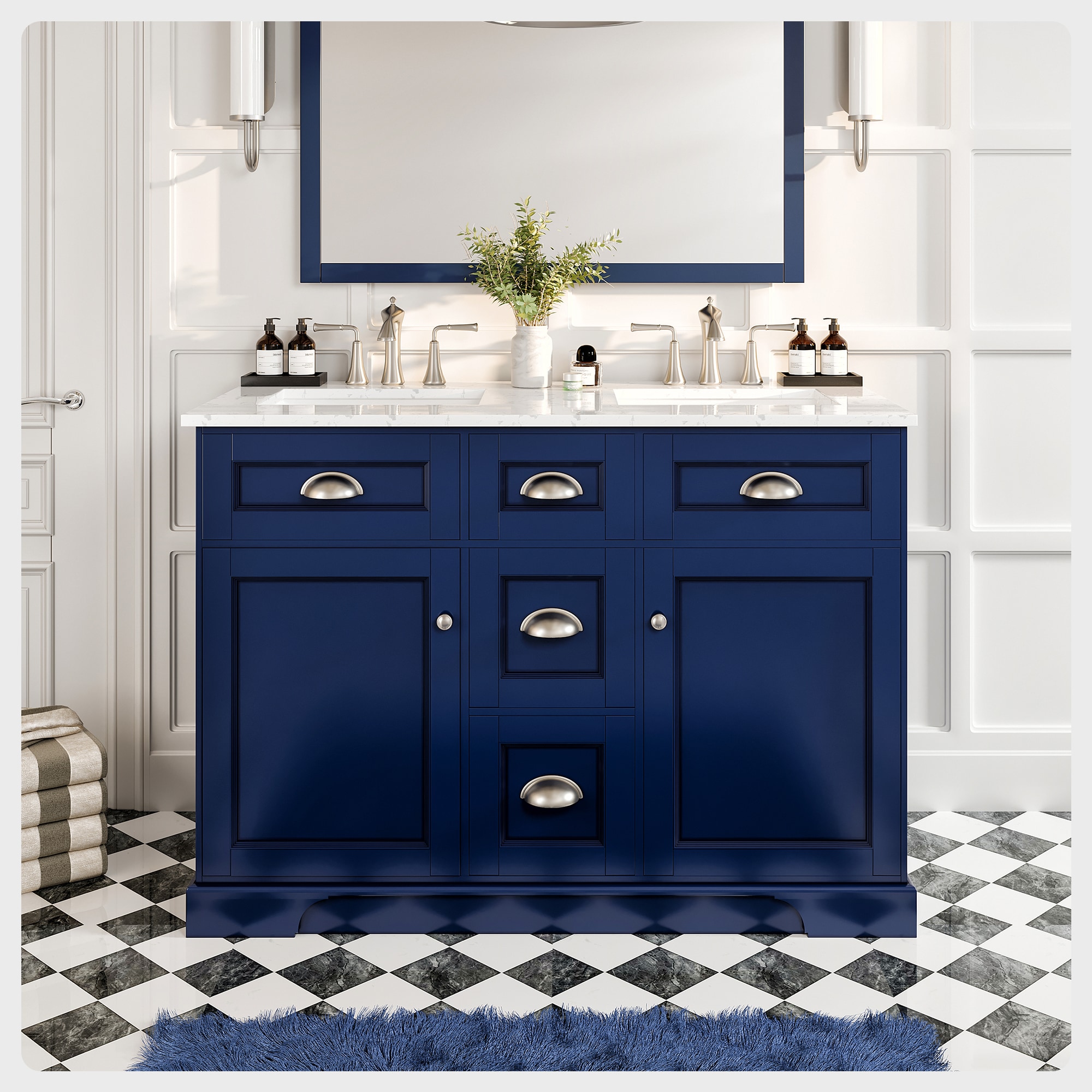 Eviva EVVN666-48BLU-DS Epic 48-in Blue Undermount Double sink Bathroom Vanity with White Quartz Top