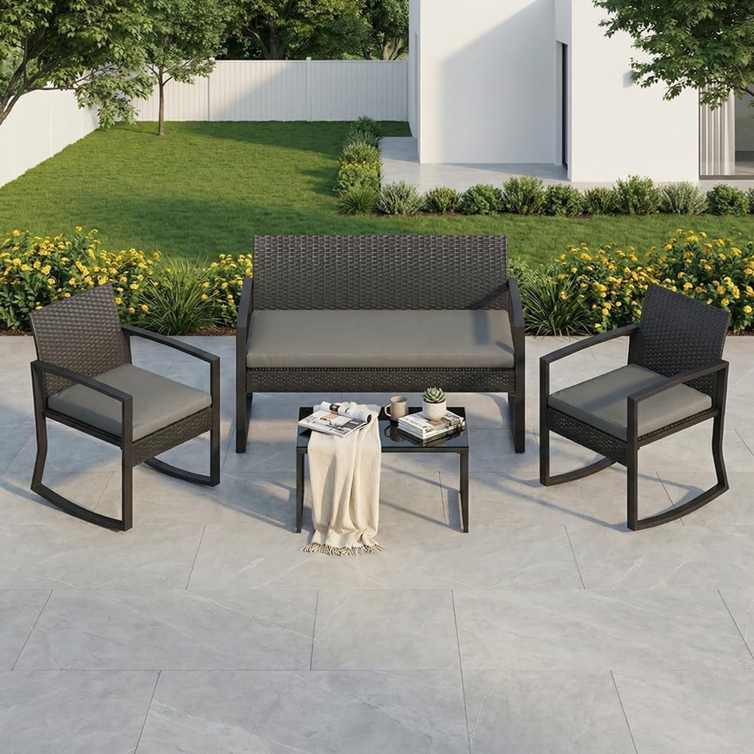 Garvee - 4-Piece PE Rattan Patio Set  Outdoor Rocking Chair Conversation Set with Coffee Table an...