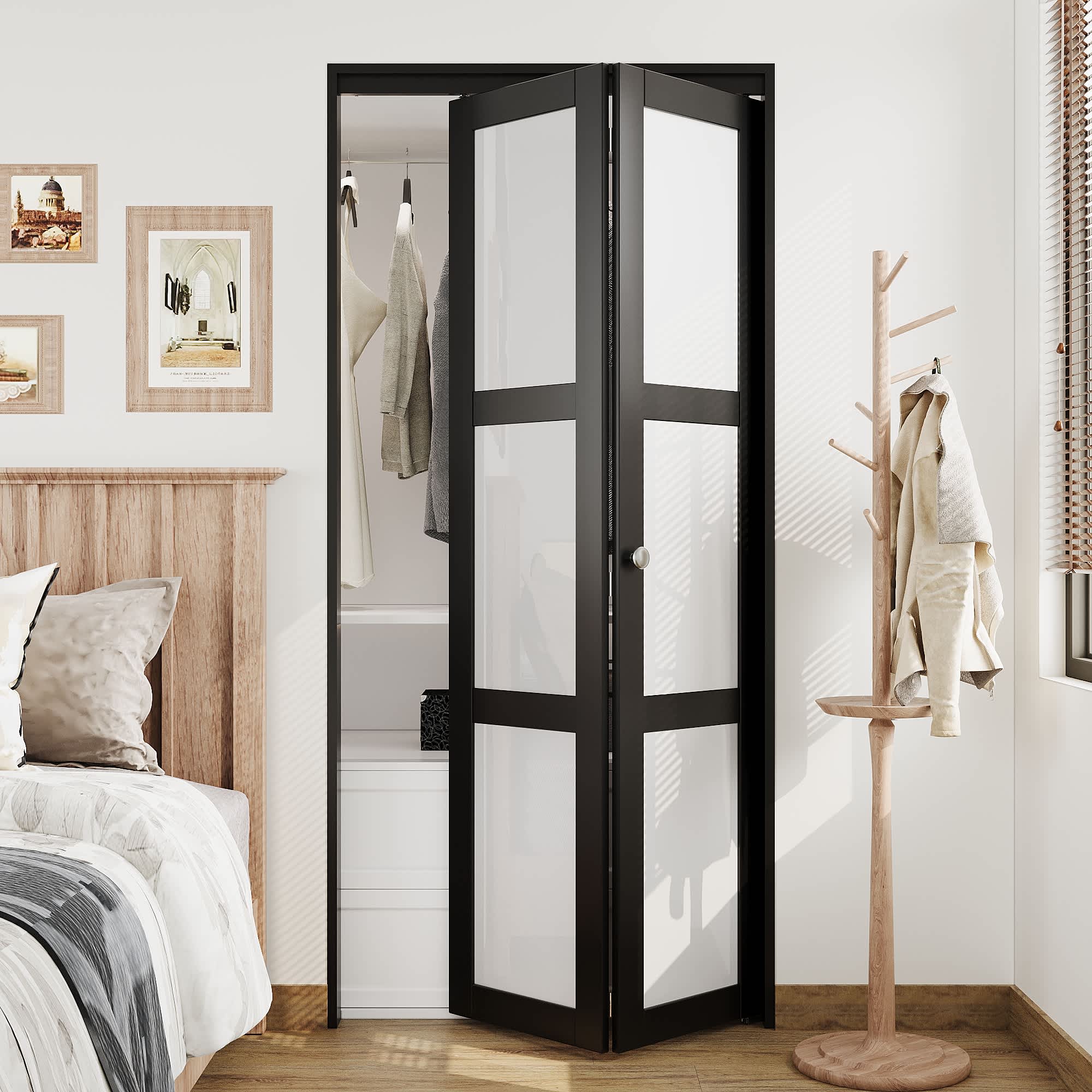 Ark Design Black 3 Lite Closet Bi-Fold Doors Tempered Frosted Glass Folding Door Solid MDF Closet Door Prefinished Surface Pre-Drilled Holes 36-in x 80-in