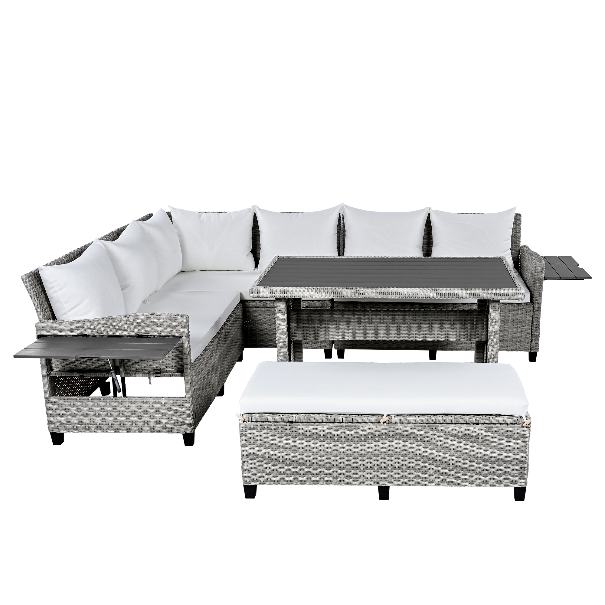 SINOFURN SYB060022BG Rattan Outdoor Sectional with White Cushions and Rattan Frame