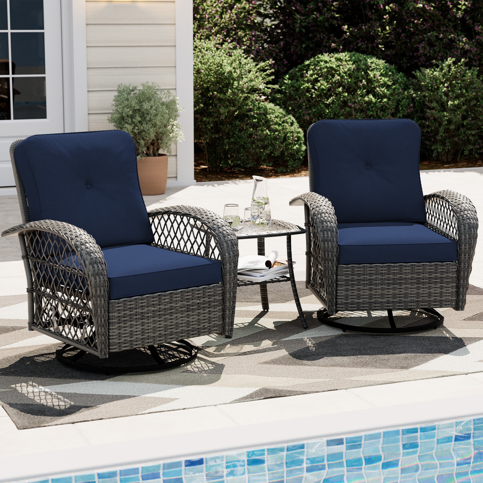 UPHA Y11BE-CJ2-NA Patio Swivel Chairs Set of 2 Rattan Gray Iron Frame Swivel Conversation Chair with Navy Cushioned Seat