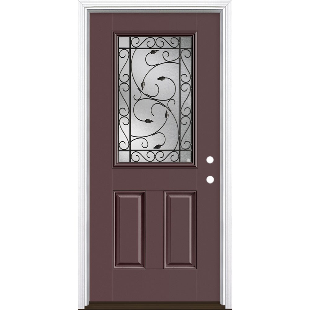 Masonite 3422629 Pergola 36-in x 80-in x 4-9/16-in Fiberglass Half lite Left-hand inswing Currant Painted Prehung Single door Front Door with Brickmould Insulating core Decorative glass