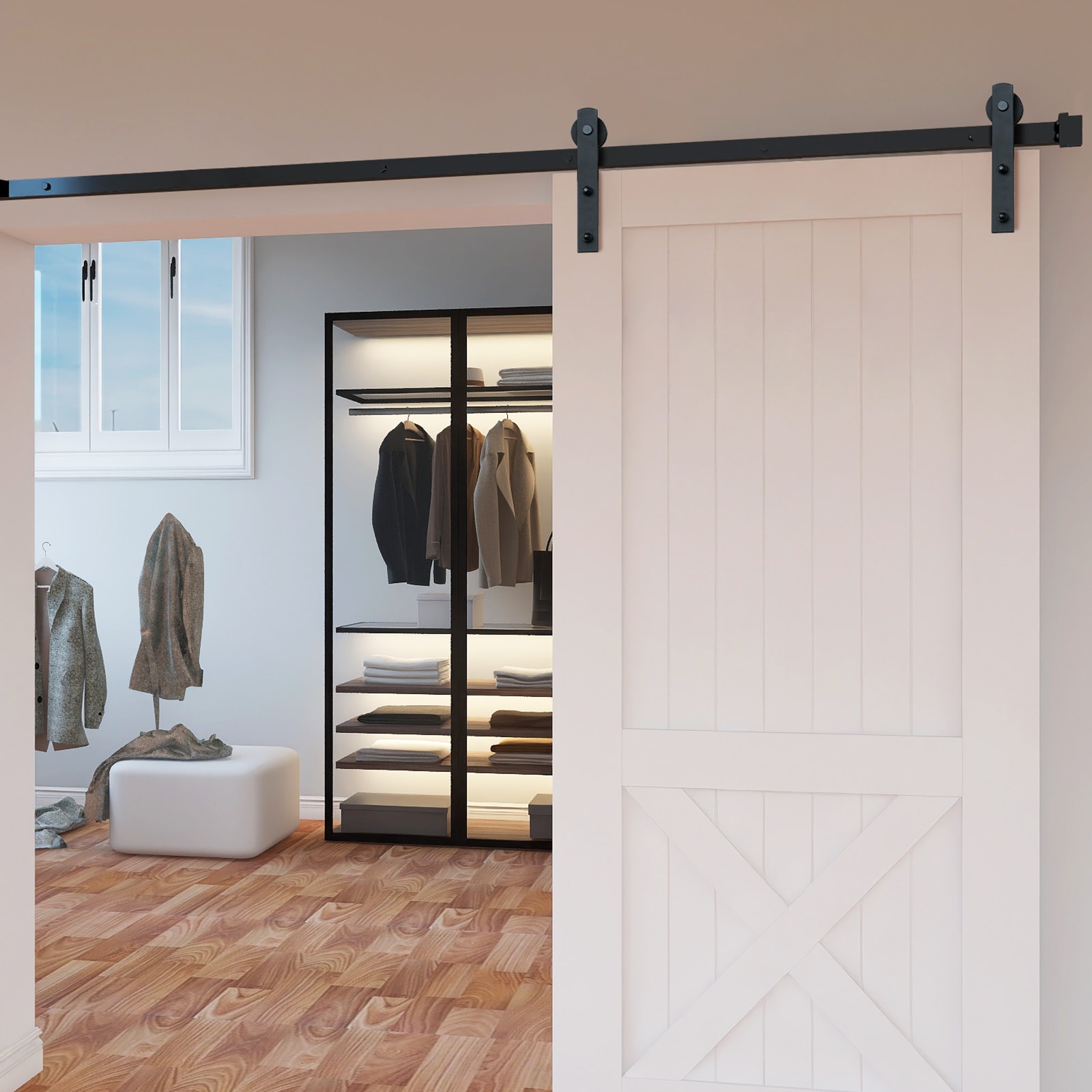 Black Steel Sliding Barn Door Hardware Kit for Double Doors