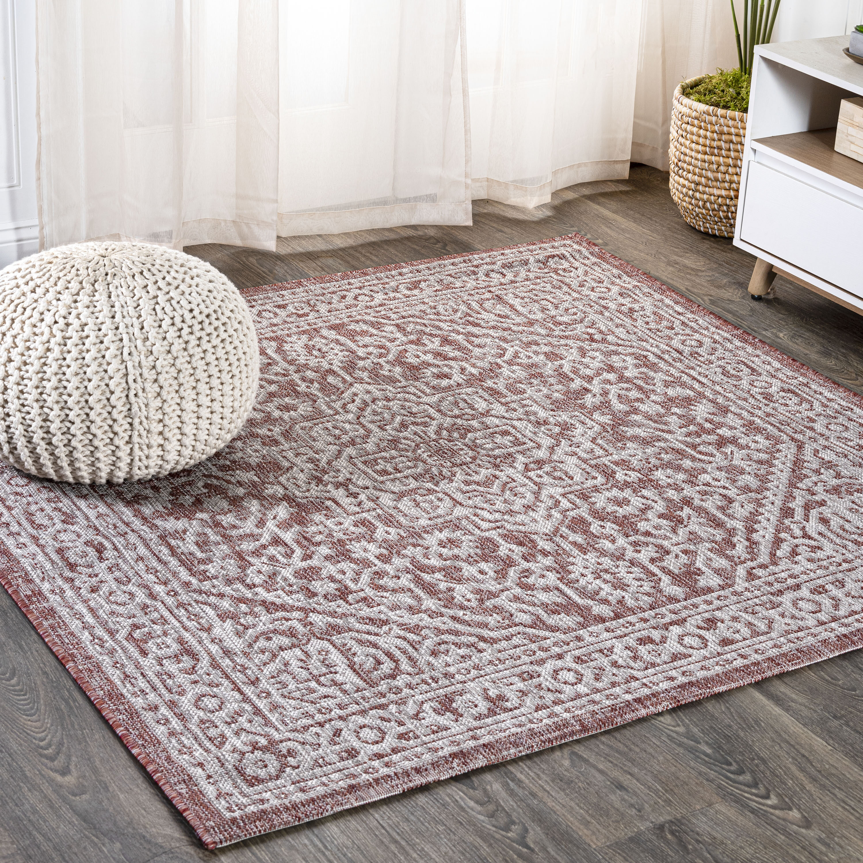 JONATHAN  Y SMB101A-9SQ SANTA MONICA Sinjuri Medallion Textured Weave 9 x 9 (ft) Polypropylene Red/Taupe Square Indoor Medallion Bohemian/Eclectic Area rug