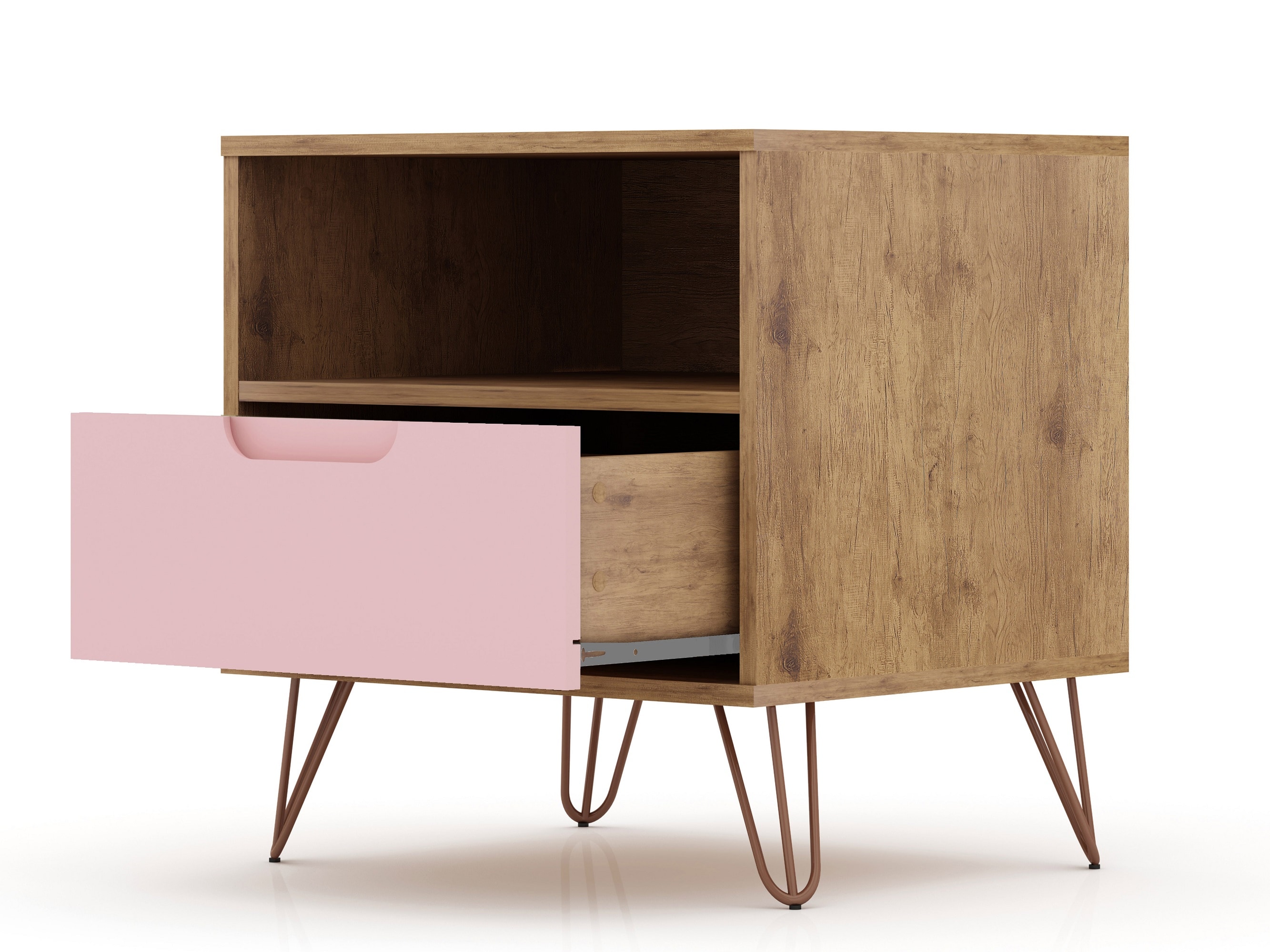 Mid-Century Rose Pink & Natural Nightstand with Metal Legs