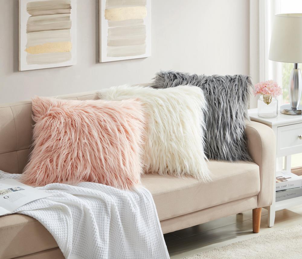 LIFEREVO Pink Cozy Faux Fur Throw Pillow Cover 18x 18 ,Shaggy Plush  Decorative Pillowcases for Sofa Couch Home Decor,Pack of 2
