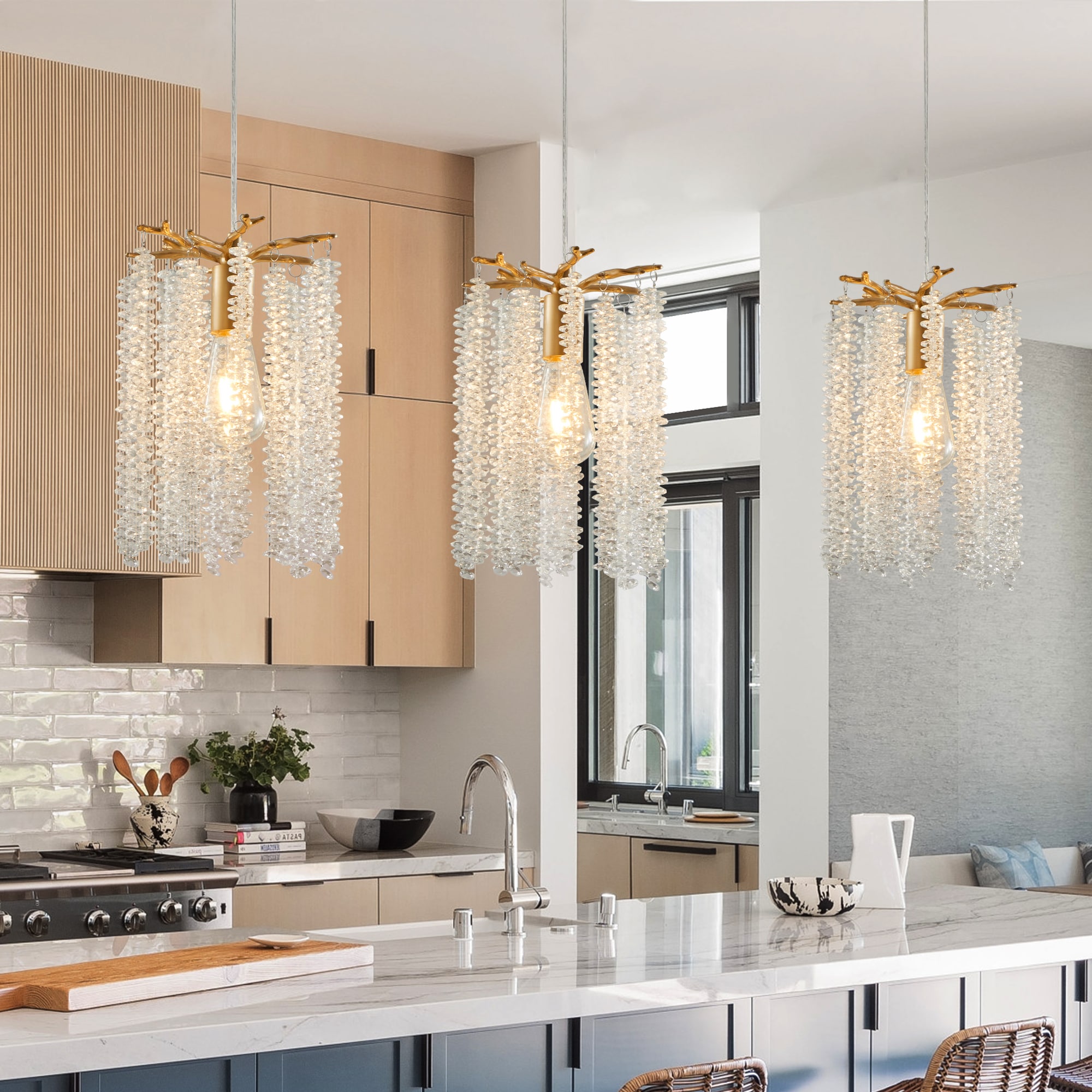 Angel Sar 3-Light Crystal Beaded Pendant Lights Adjustable Height for Kitchen Island Dining Room Hallway #ZBH02PL0515-GD