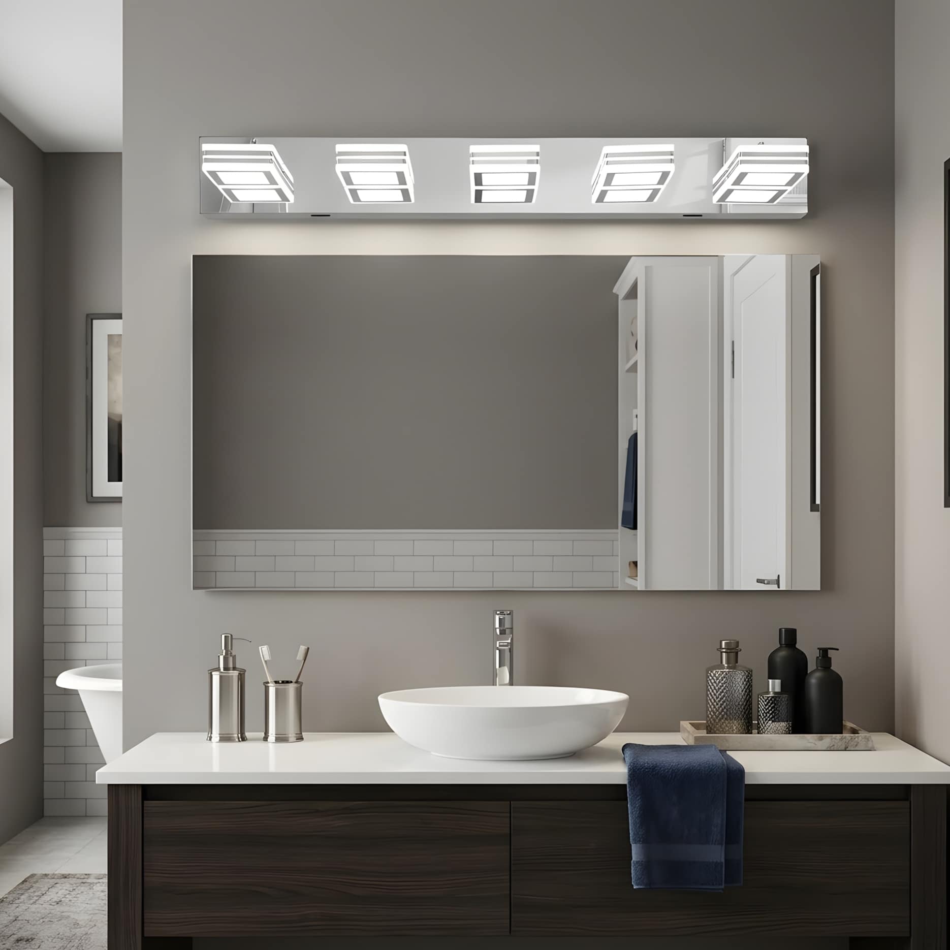 RCCFBHM - 32-in 5-Light Chrome Modern Integrated LED Bathroom Vanity Light with Square Acrylic Sh...