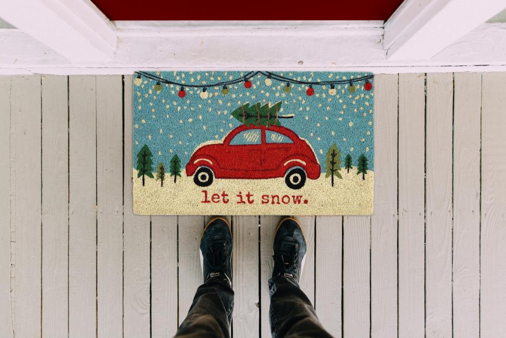Christmas Tree Front Door Mat, PVC Leather Door Mats Outdoor/Indoor Welcome  Mat, Winter Snowflake Red Green Black Xmas Tree Floor Mats Non-Slip