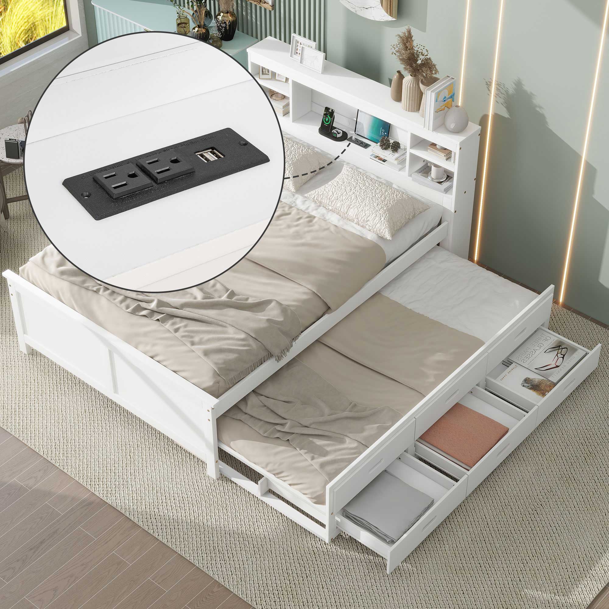 ModernLuxe GX000720AAK Full Size Platform Bed with Storage Headboard USB Twin Size Trundle and 3 Drawers White