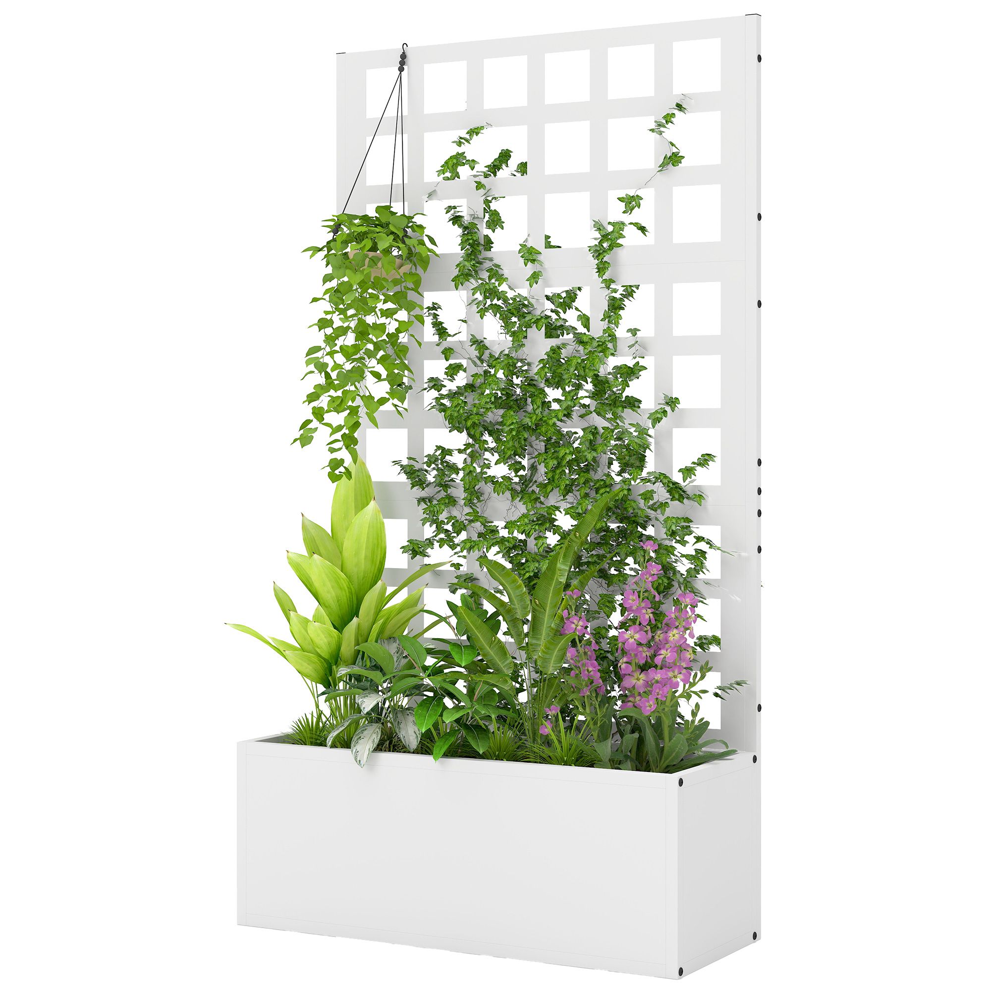 JUSHUA Galvanized Raised Garden Bed Planter Box with Trellis for Climbing Plants Vegetable Vines 24Inches x 9Inches x 44 1/2Inches White