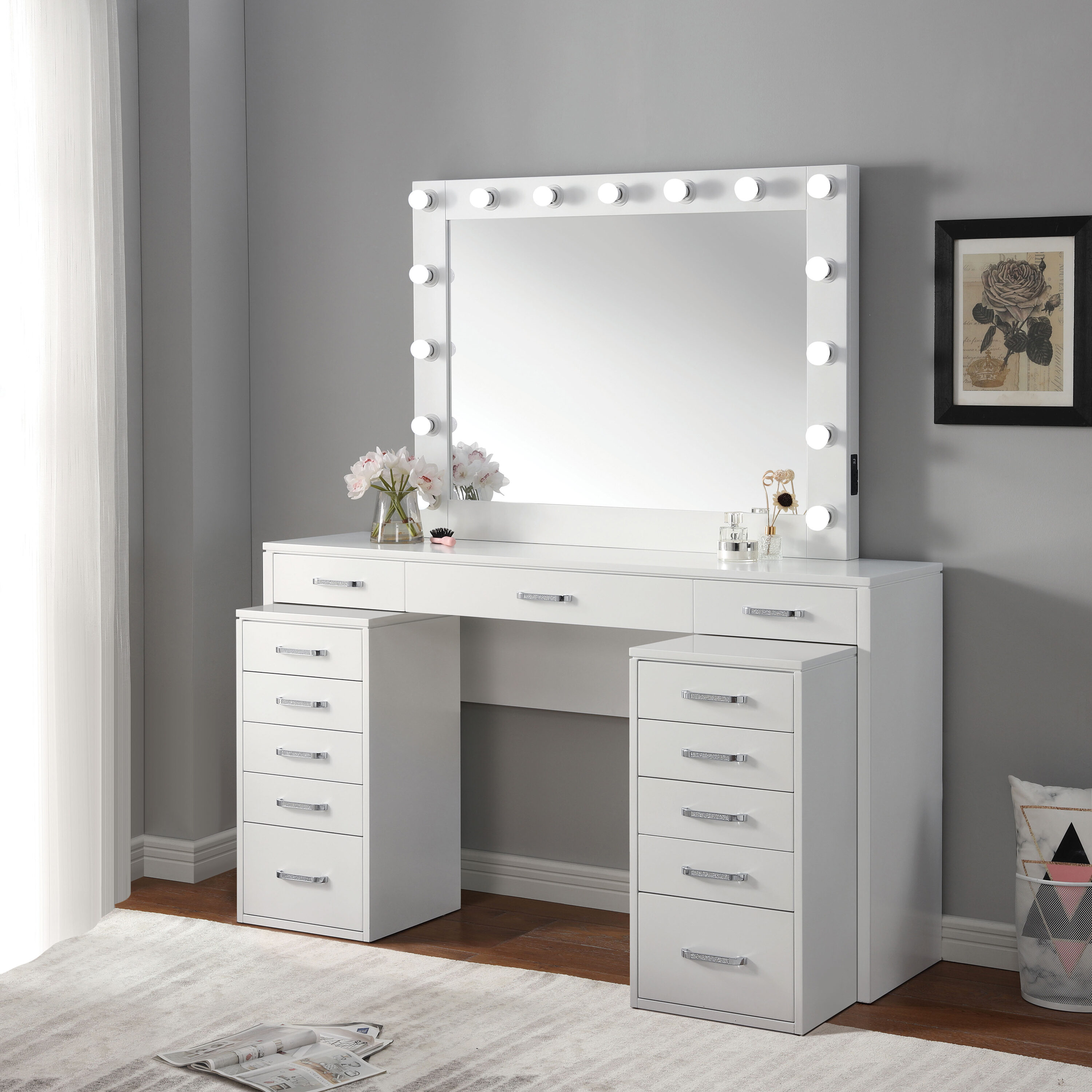 Light Gray Closet with Mirrored Makeup Vanity Cabinets (BY-W-64