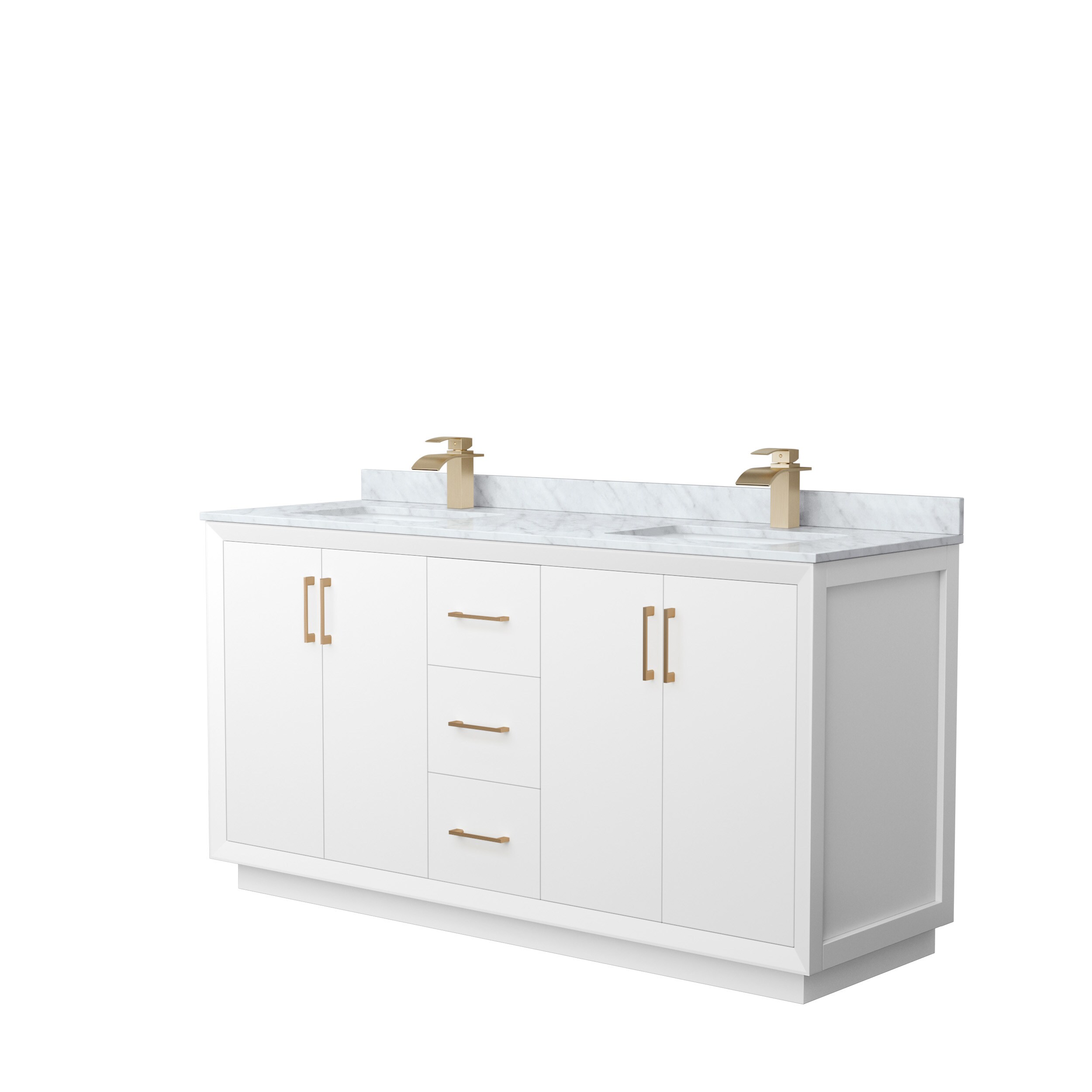 Wyndham Collection WCF414166DWZCMUNSMXX Strada 66-in White with Satin Bronze Trim Undermount Double sink Bathroom Vanity with White Carrara marble Natural marble Top