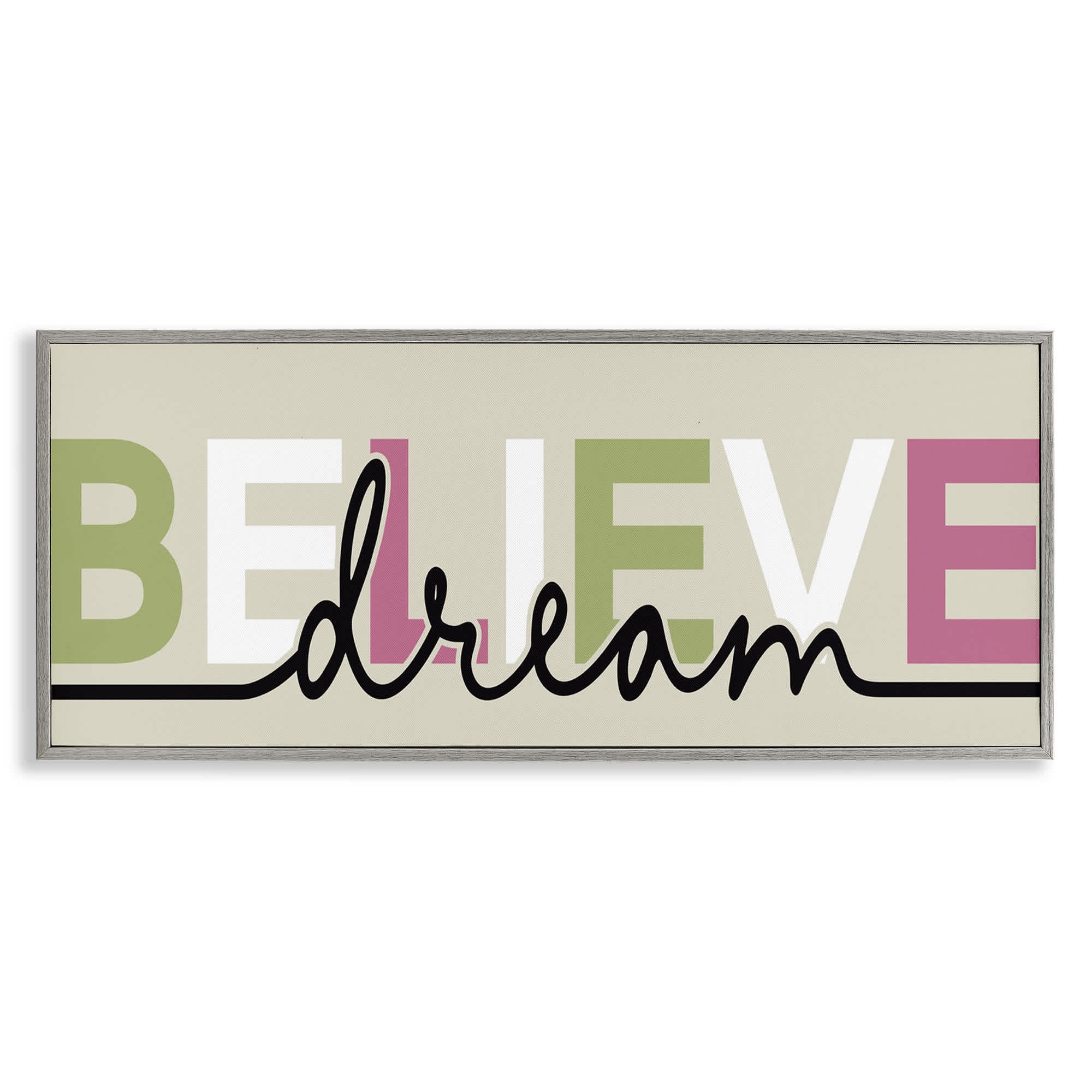 Stupell Industries BS-426-GFF-10X24 Muted Believe and Dream Gray Framed Giclee Art By Kim Allen 24 x 10