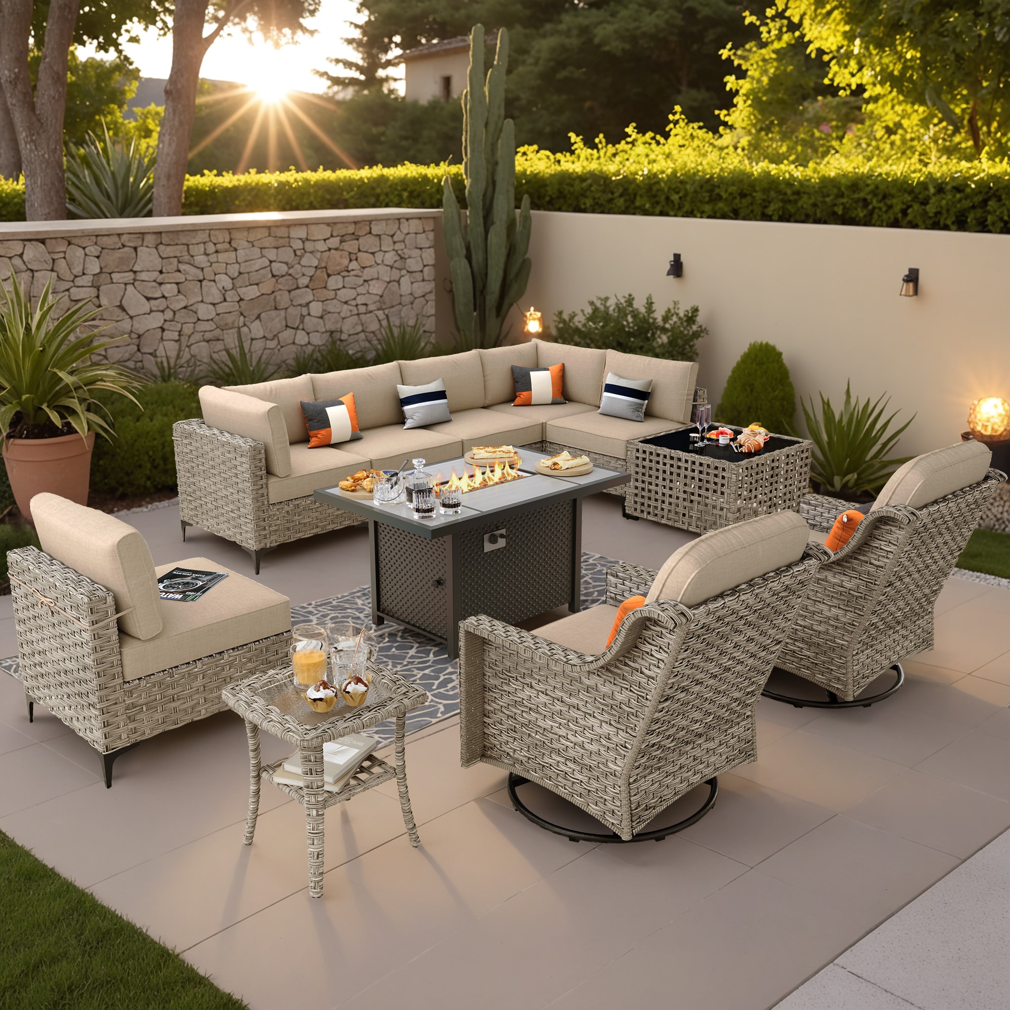 Ovios RFPSK600Y 11-Piece Wicker Patio Conversation Set with Beige Cushions