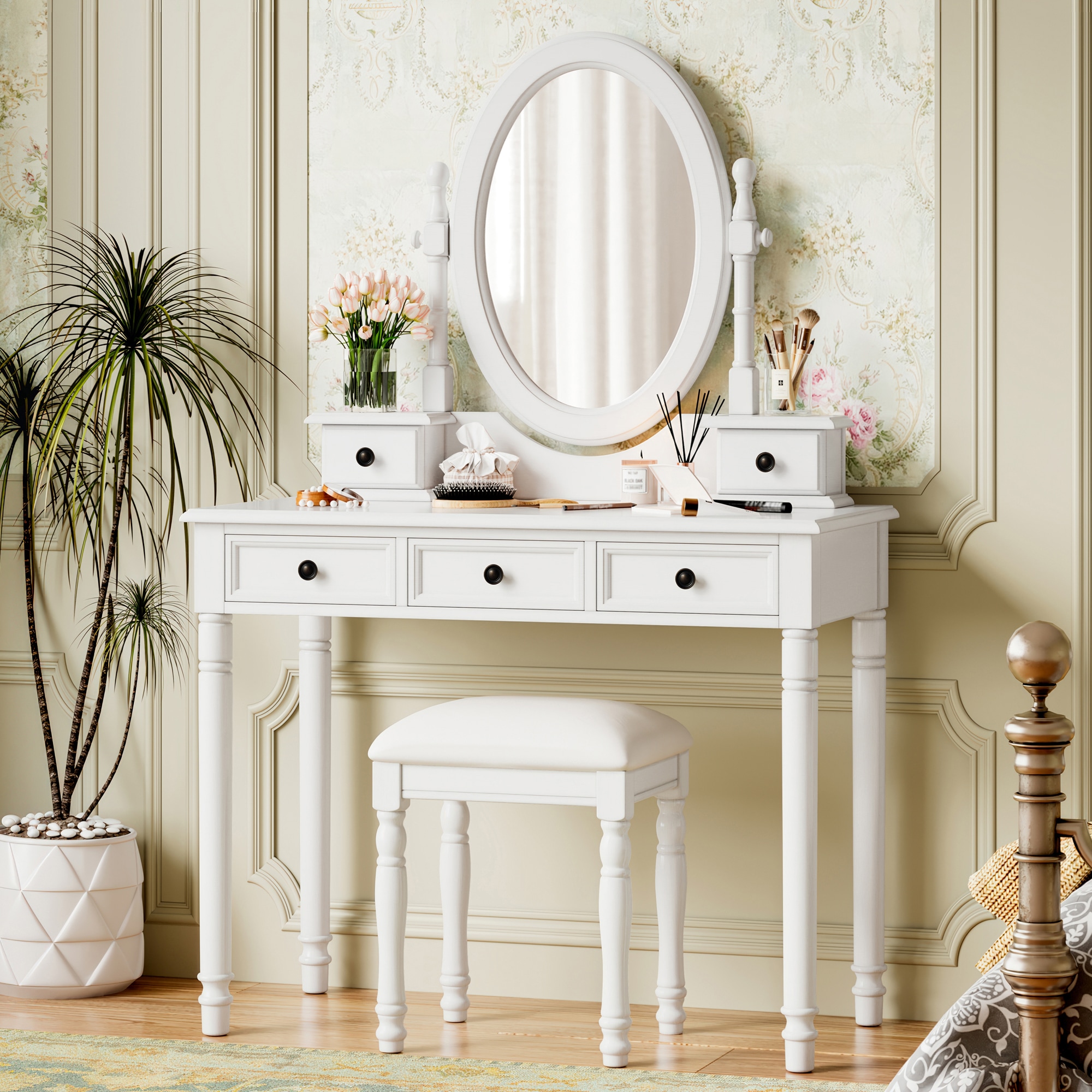 ModernLuxe L3P-N733P305139K Vanity Desk with Adjustable Angle Mirror Vintage Vanity Makeup Table and Cushioned Stool Set with Velvet Fabric Lining 5 DrawersWooden Dressing Table Set for Bedroom White
