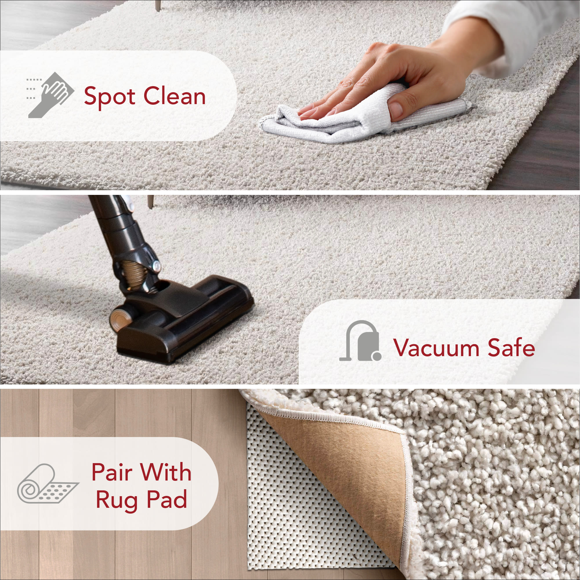 Luxurious Solid White Synthetic Easy-Care Shag Rug, 6'7" x 9'