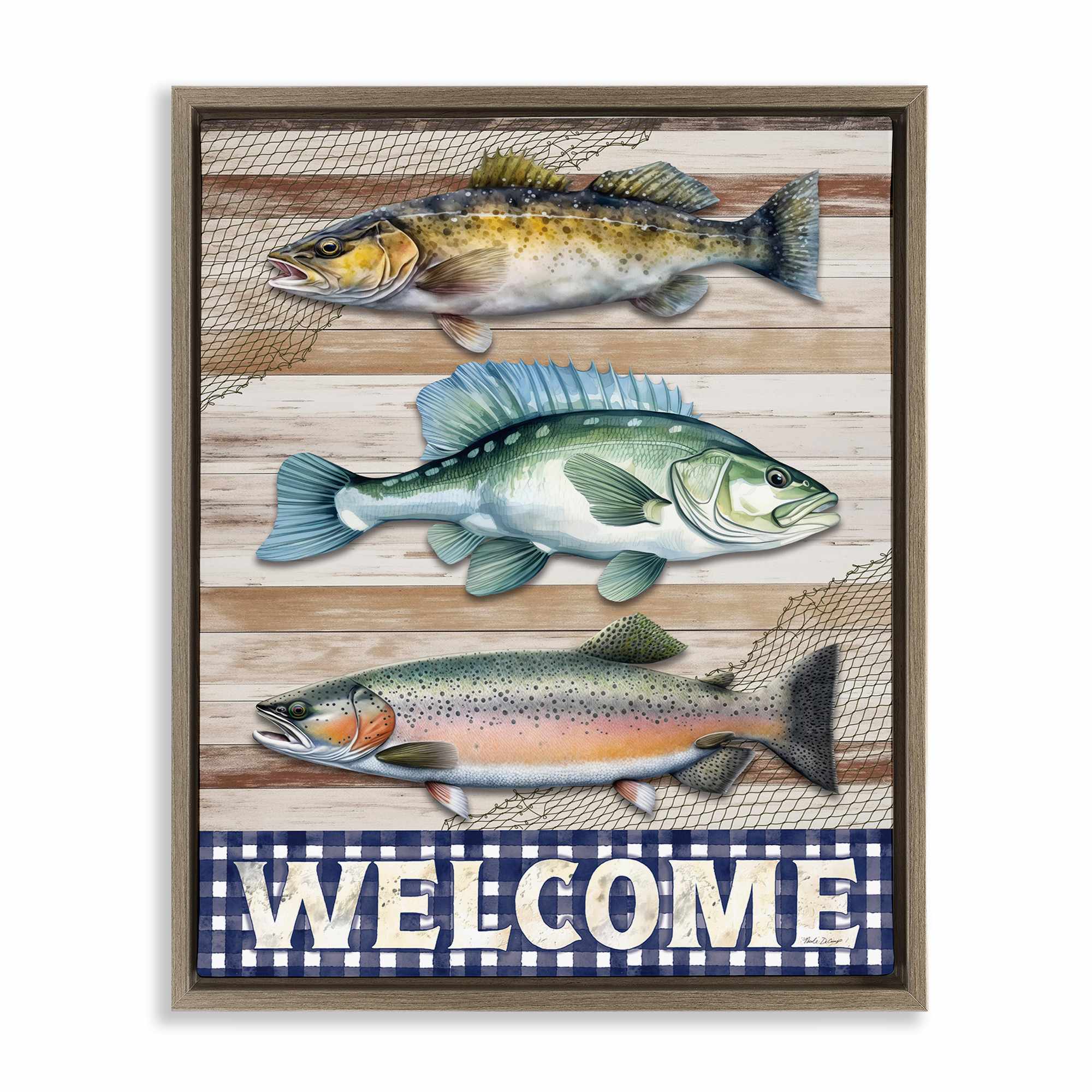 Stupell Industries BT-574-FFE-16X20 Welcome with Rustic Fish Floating Frame design by Nicole DeCamp