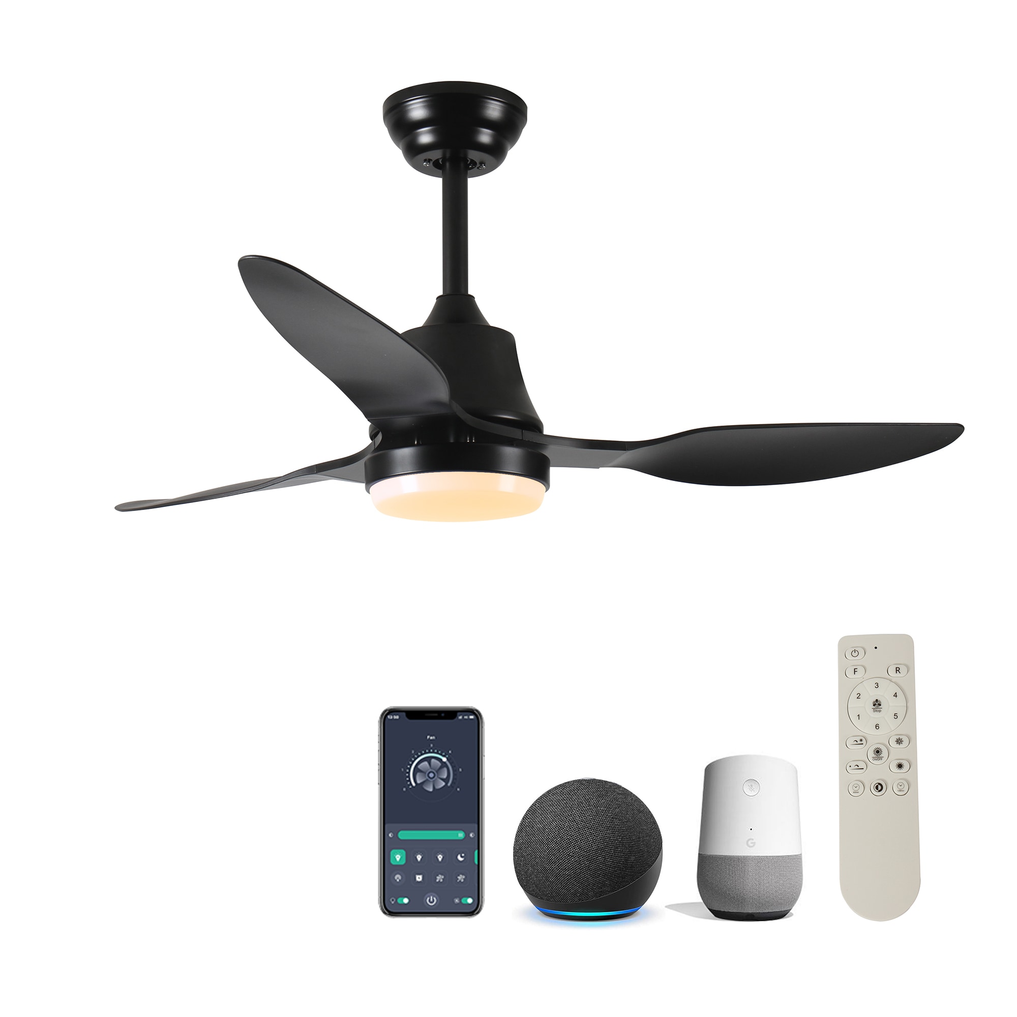 SINOFURN SYB570095WT 42-in Color-Changing Integrated LED Outdoor Smart Black with Finished Blades Ceiling Fan With Light and Remote ( 3 -Blade )