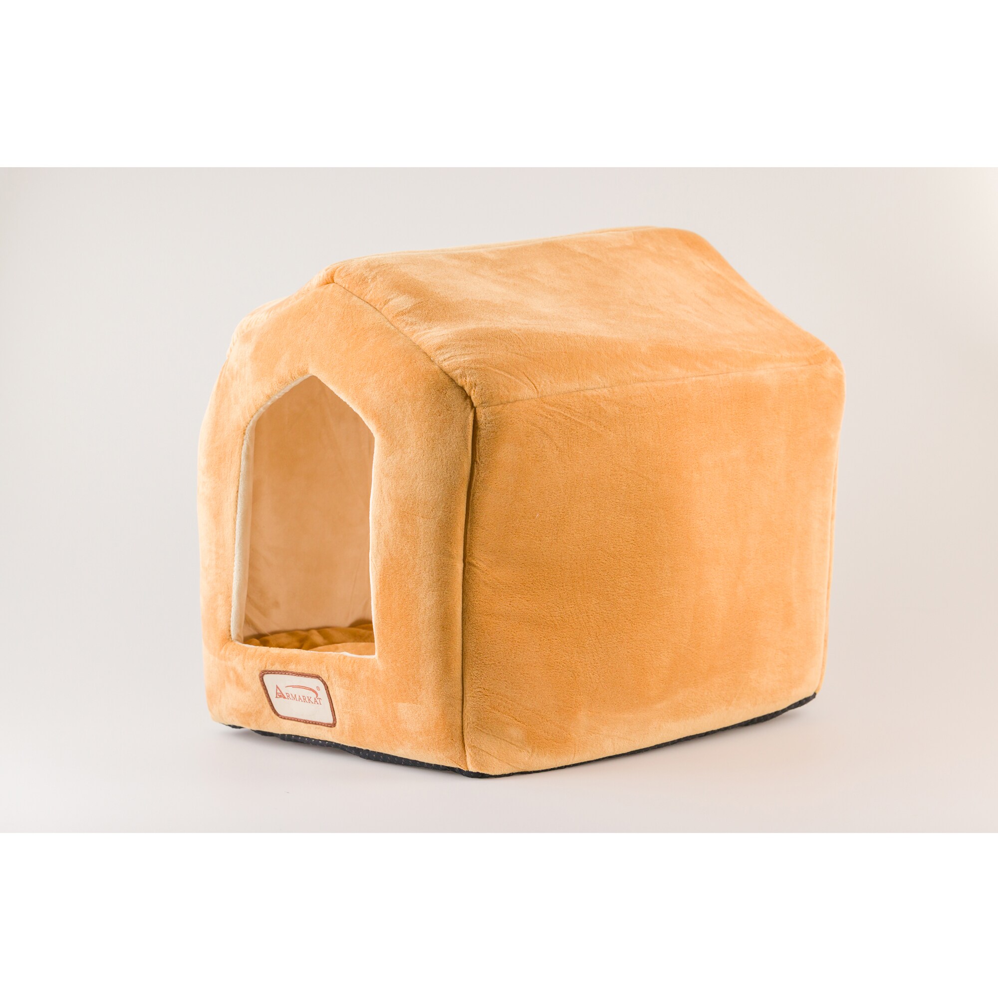 Small Beige Velvet House-Shaped Cat Bed with Fiberfill