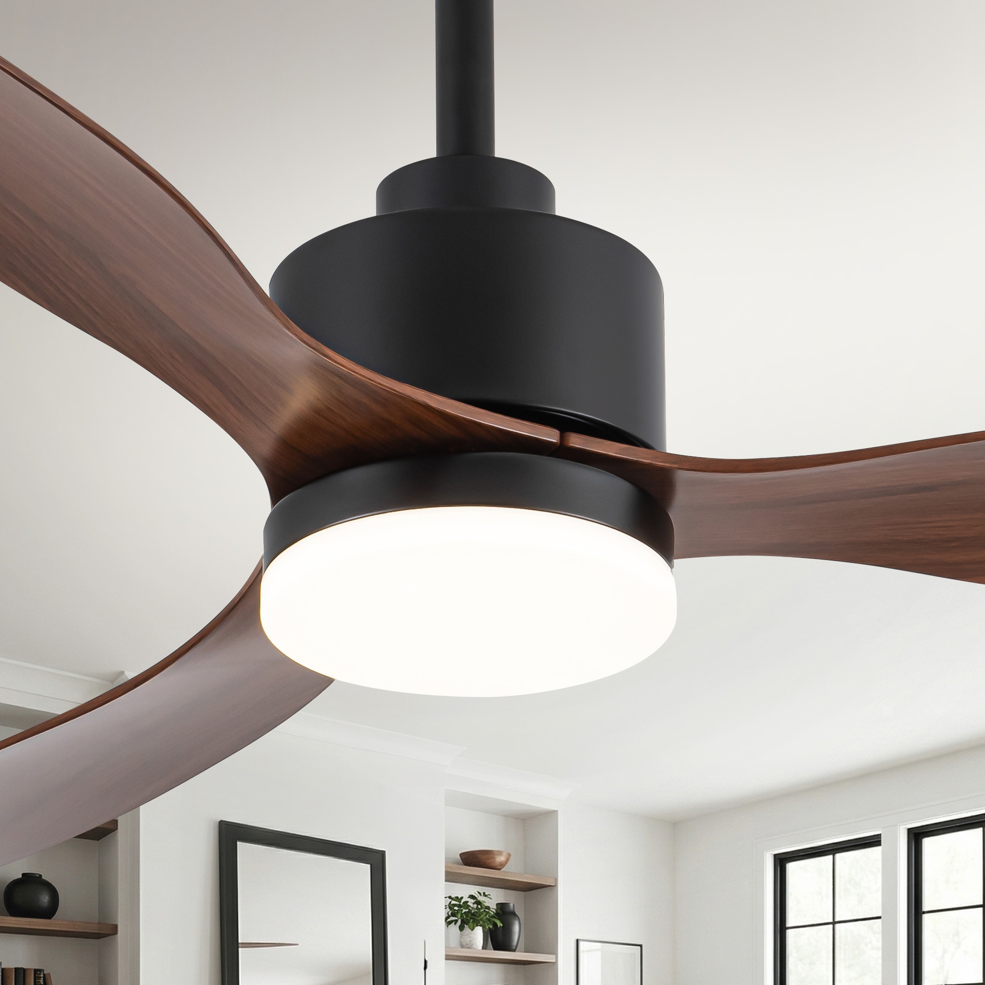 Flashwind 52-in Matte Black with Walnut ABS Blades LED Downrod Mount Ceiling Fan With Remote Control Included 3-Blade