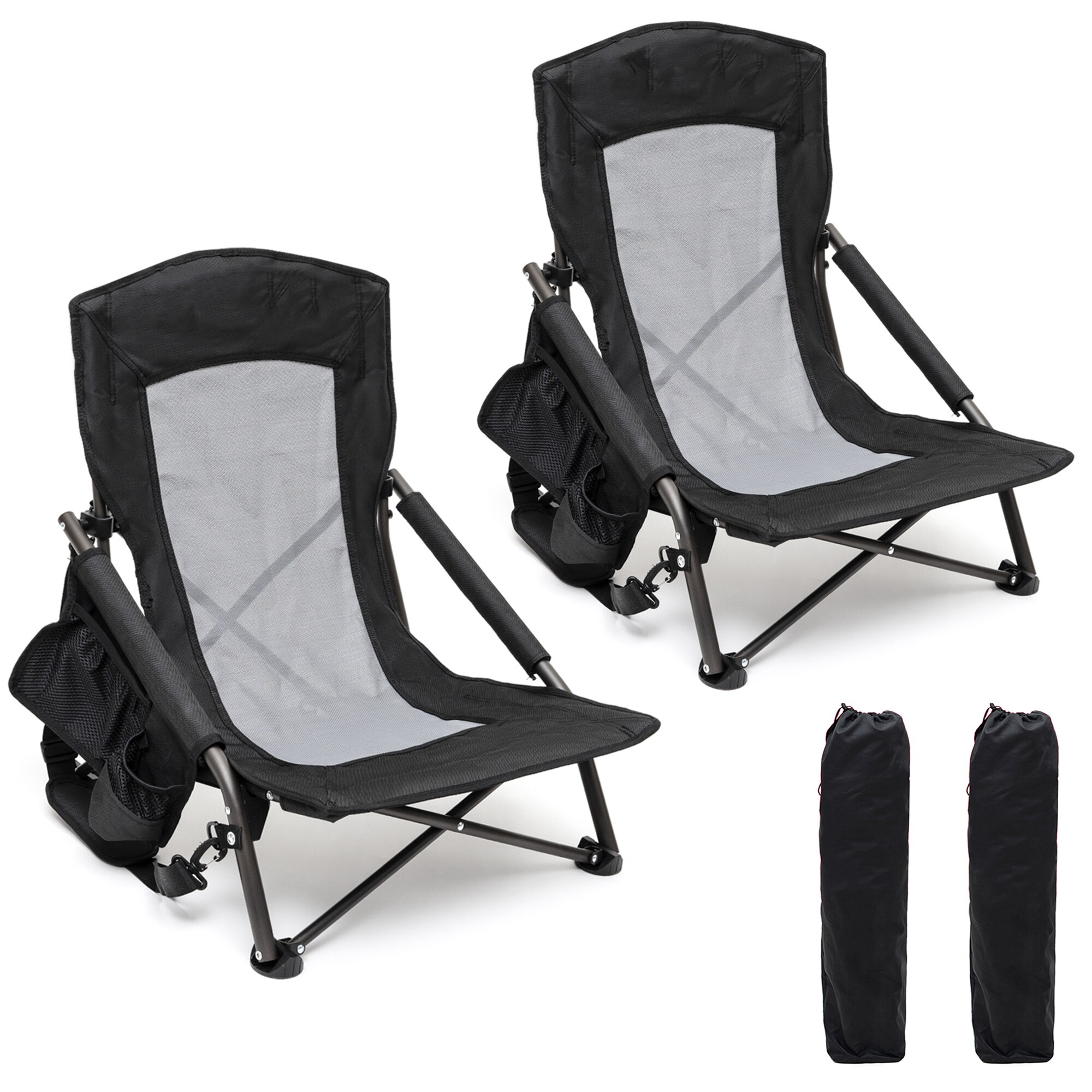 SunnyFeel Black Mesh Low Folding Camping Beach Chairs with Armrests, Set of 2