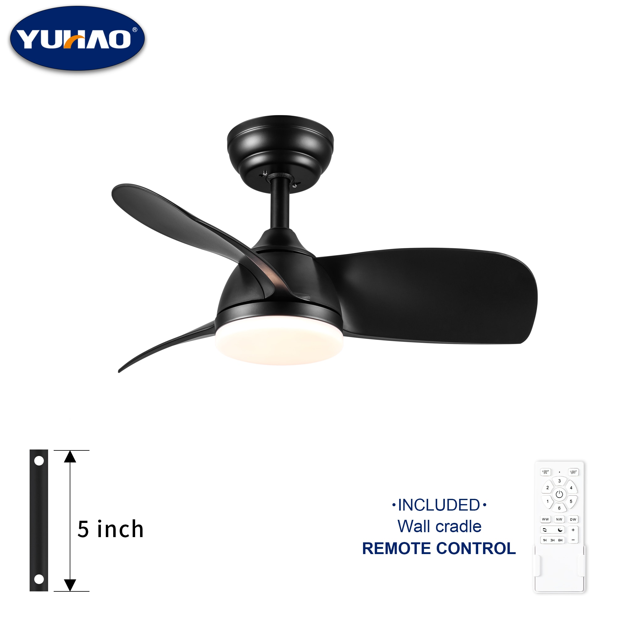 YUHAO LSDC1059BK282 Airedpro 28-in Color-Changing Integrated LED Black with Matte Blades Ceiling Fan With Light and Remote ( 3 -Blade )