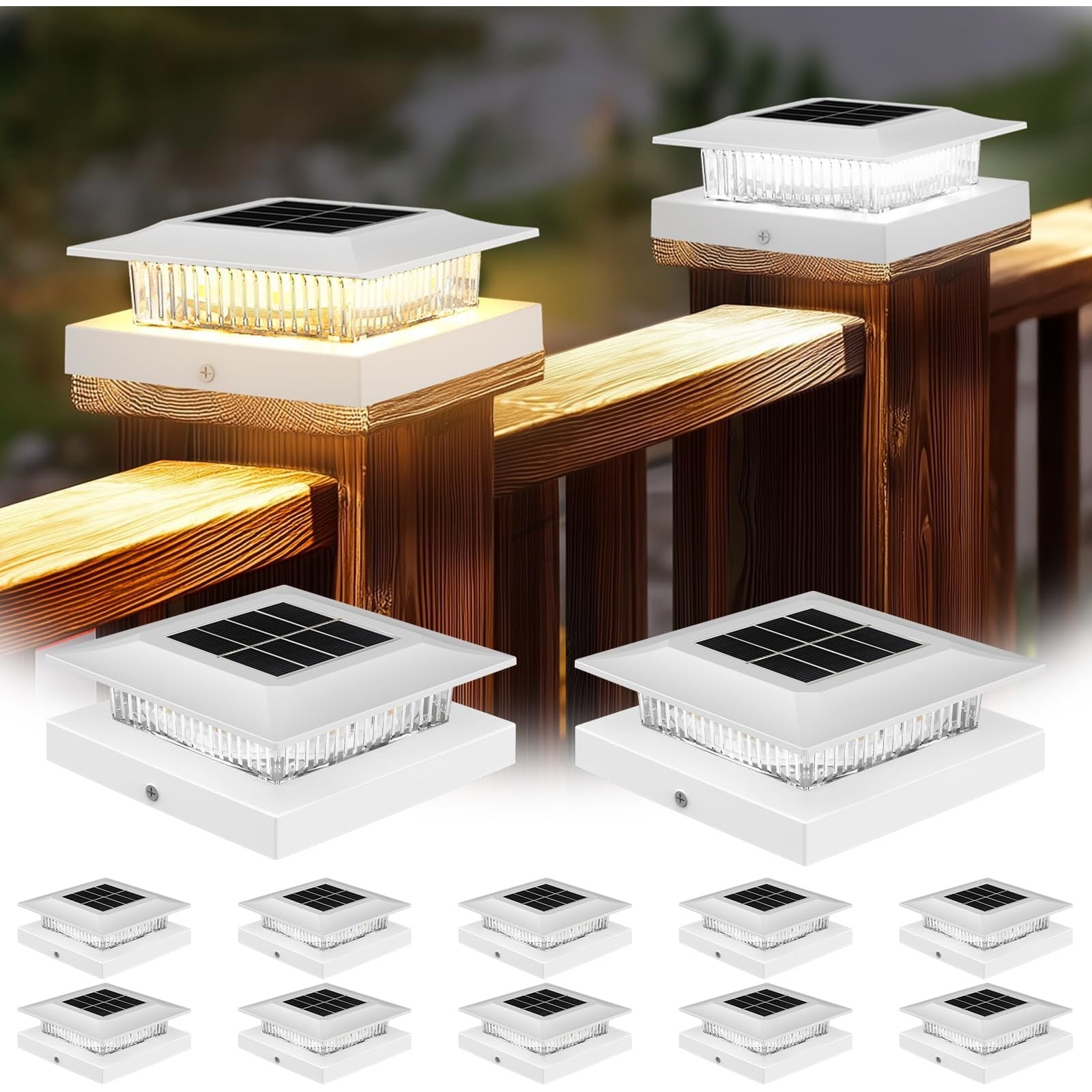 HEKCUIX  White 12 Pack Dual-Color Solar Post Cap Lights for 4x4 Vinyl or 3.5x3.5 Wood Posts Dusk to Dawn Outdoor Deck and Garden Lighting