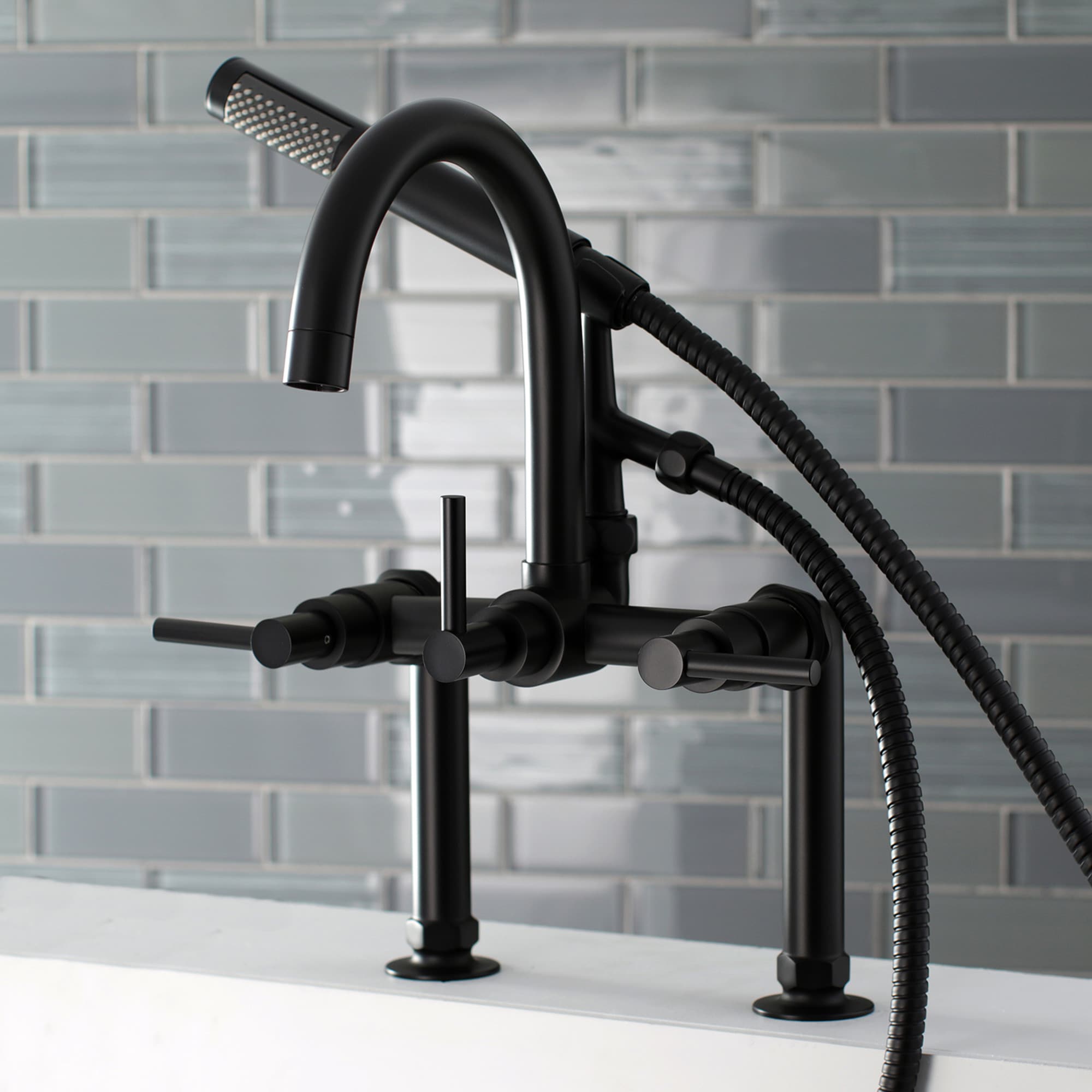 Kingston Brass WLAE8100DL Concord Matte black 2-handle Deck-mount Roman High-arc Bathtub Faucet with Hand Shower ( Valve Included )